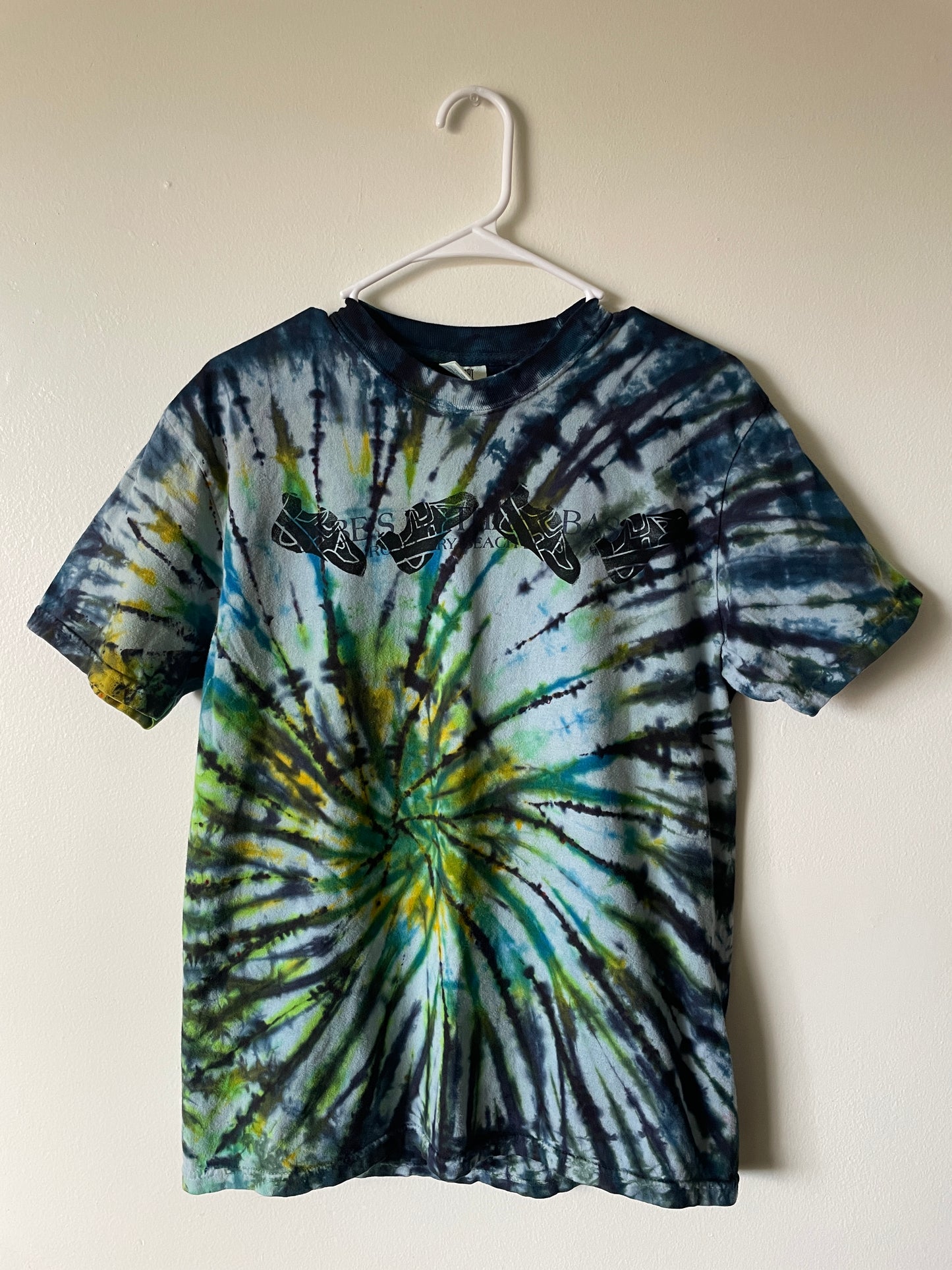 Medium Men's Climb On Grim Reaper Handmade Tie Dye T-Shirt | One-Of-a-Kind Upcycled Blue and Green Spiral Short Sleeve Shirt