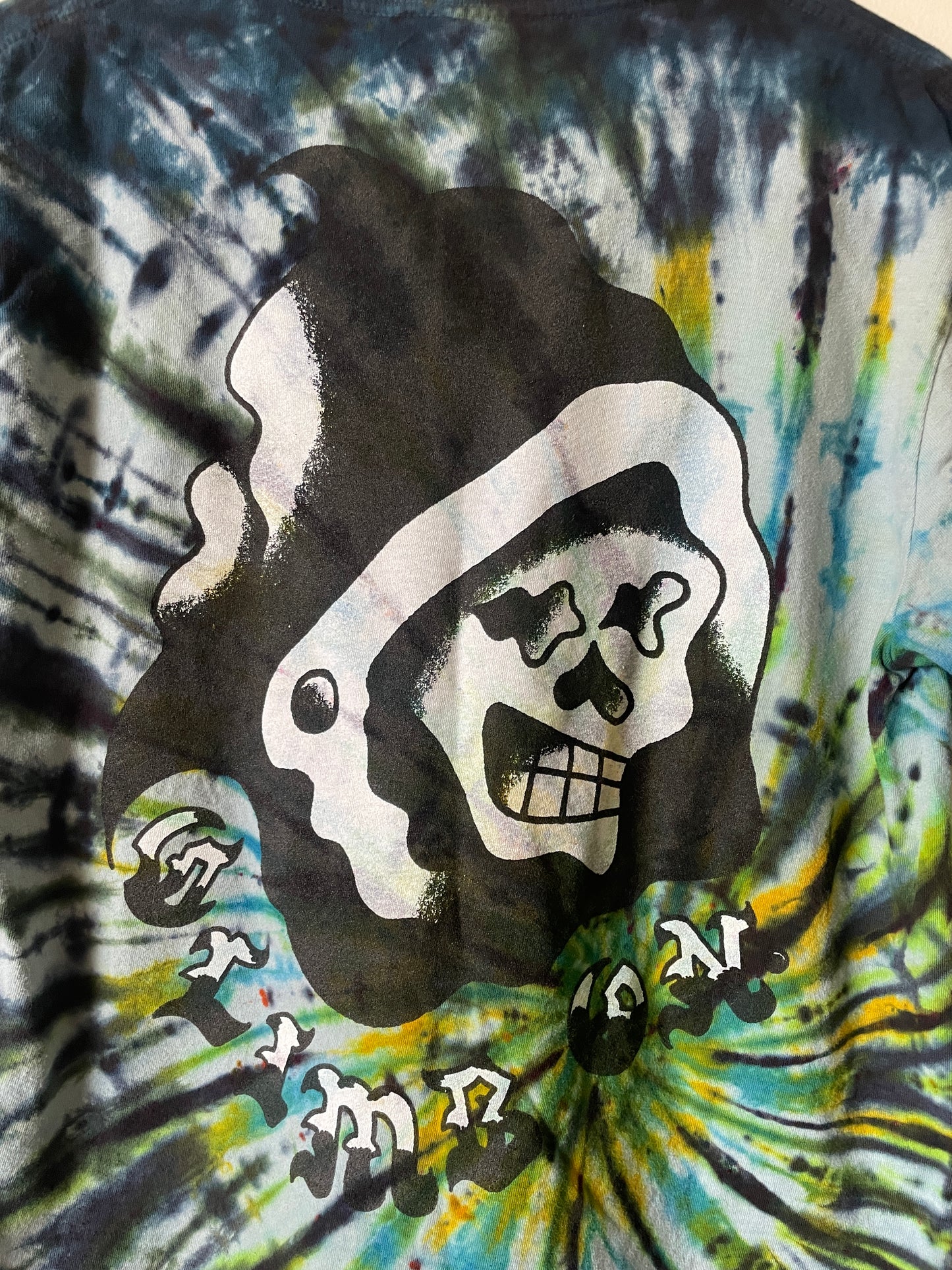 Medium Men's Climb On Grim Reaper Handmade Tie Dye T-Shirt | One-Of-a-Kind Upcycled Blue and Green Spiral Short Sleeve Shirt