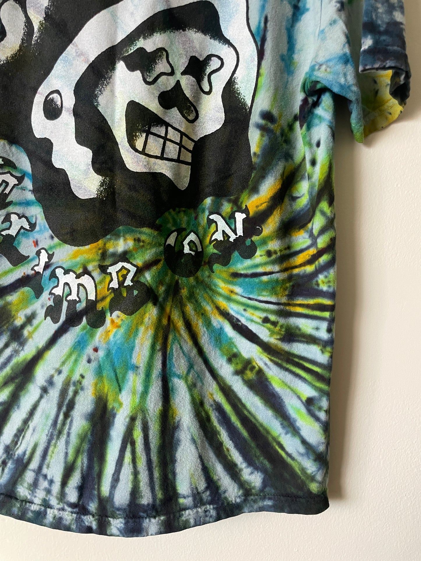 Medium Men's Climb On Grim Reaper Handmade Tie Dye T-Shirt | One-Of-a-Kind Upcycled Blue and Green Spiral Short Sleeve Shirt