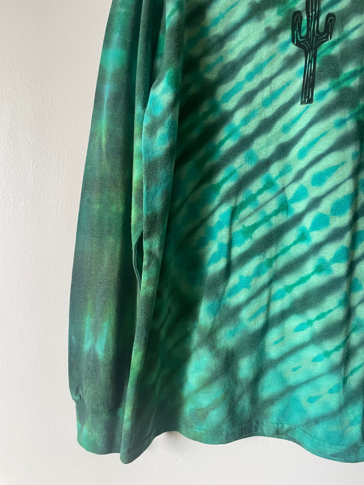 Large Men's Saguaro Cactus Handmade Reverse Tie Dye T-Shirt | One-Of-a-Kind Upcycled Green and Black Long Sleeve Shirt