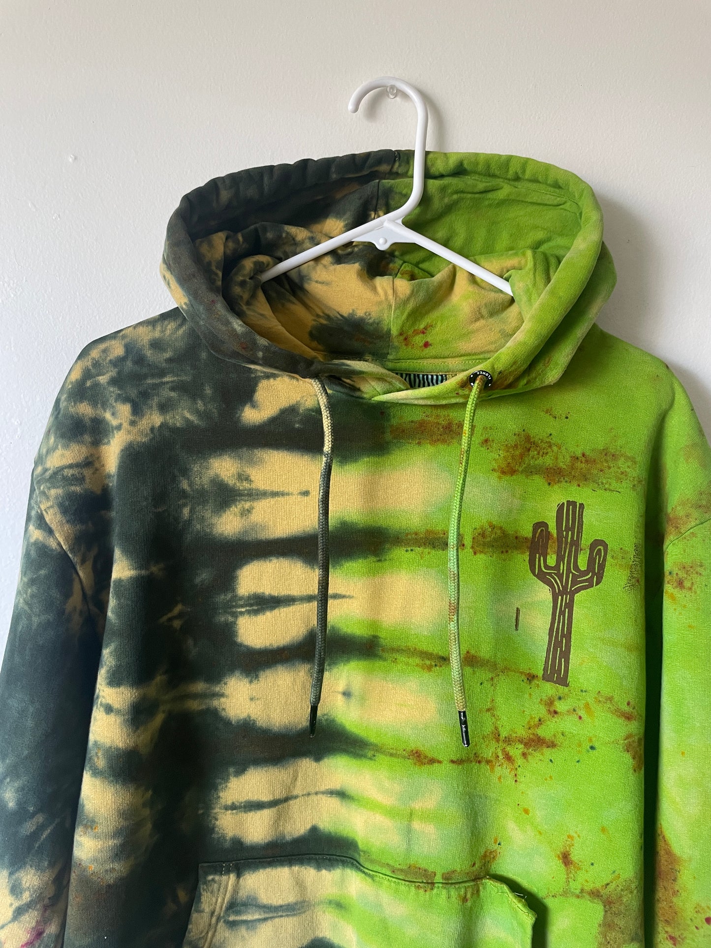 Large Men's Saguaro Cactus Handmade Tie Dye Hoodie | One-Of-a-Kind Upcycled Yellow and Green Long Sleeve Sweatshirt
