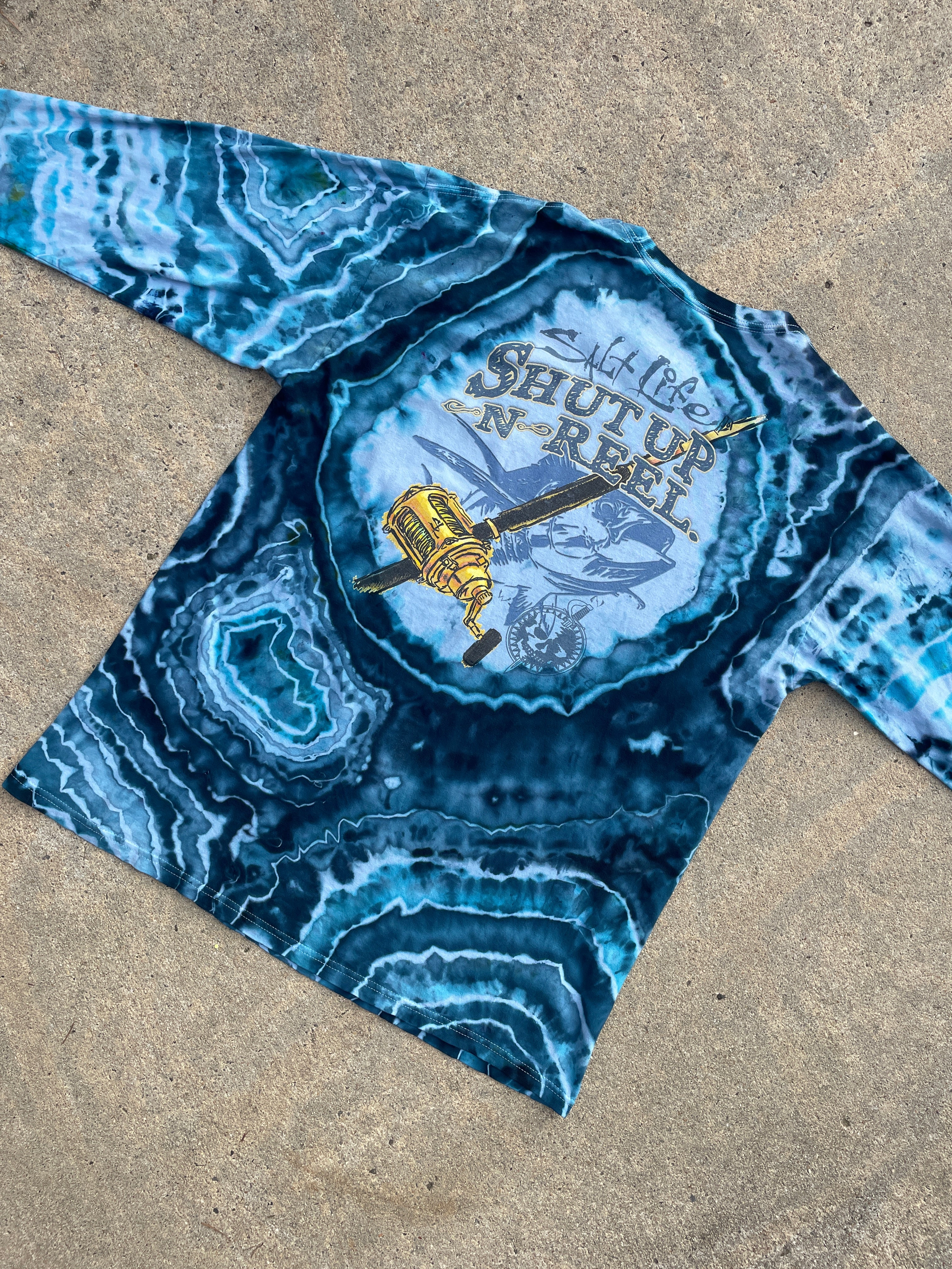 Salt Life Shut Up and Reel Blue Geode Long Sleeve Tie Dye T-Shirt | Men's XL