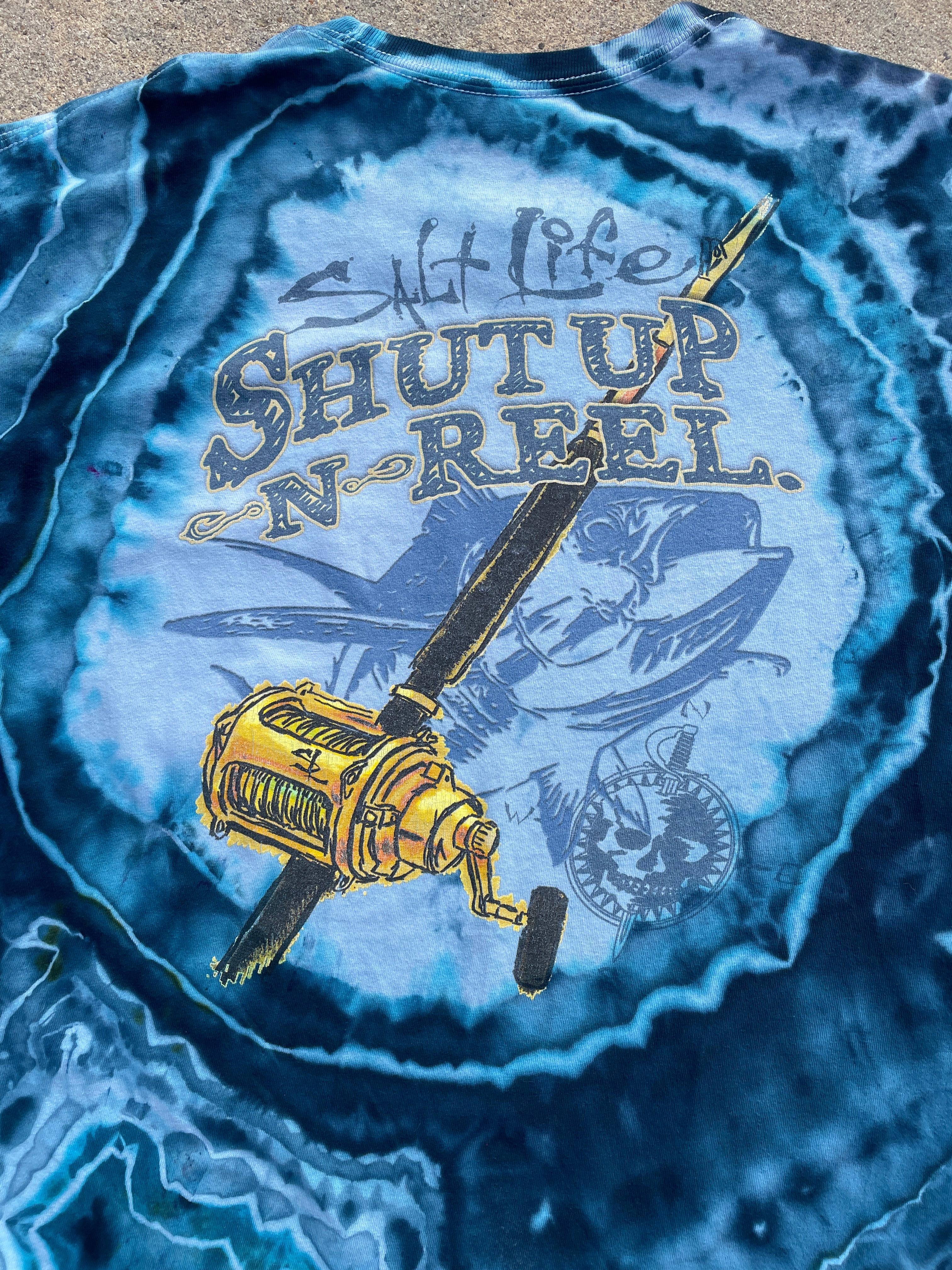Salt Life Shut Up and Reel Blue Geode Long Sleeve Tie Dye T-Shirt | Men's XL
