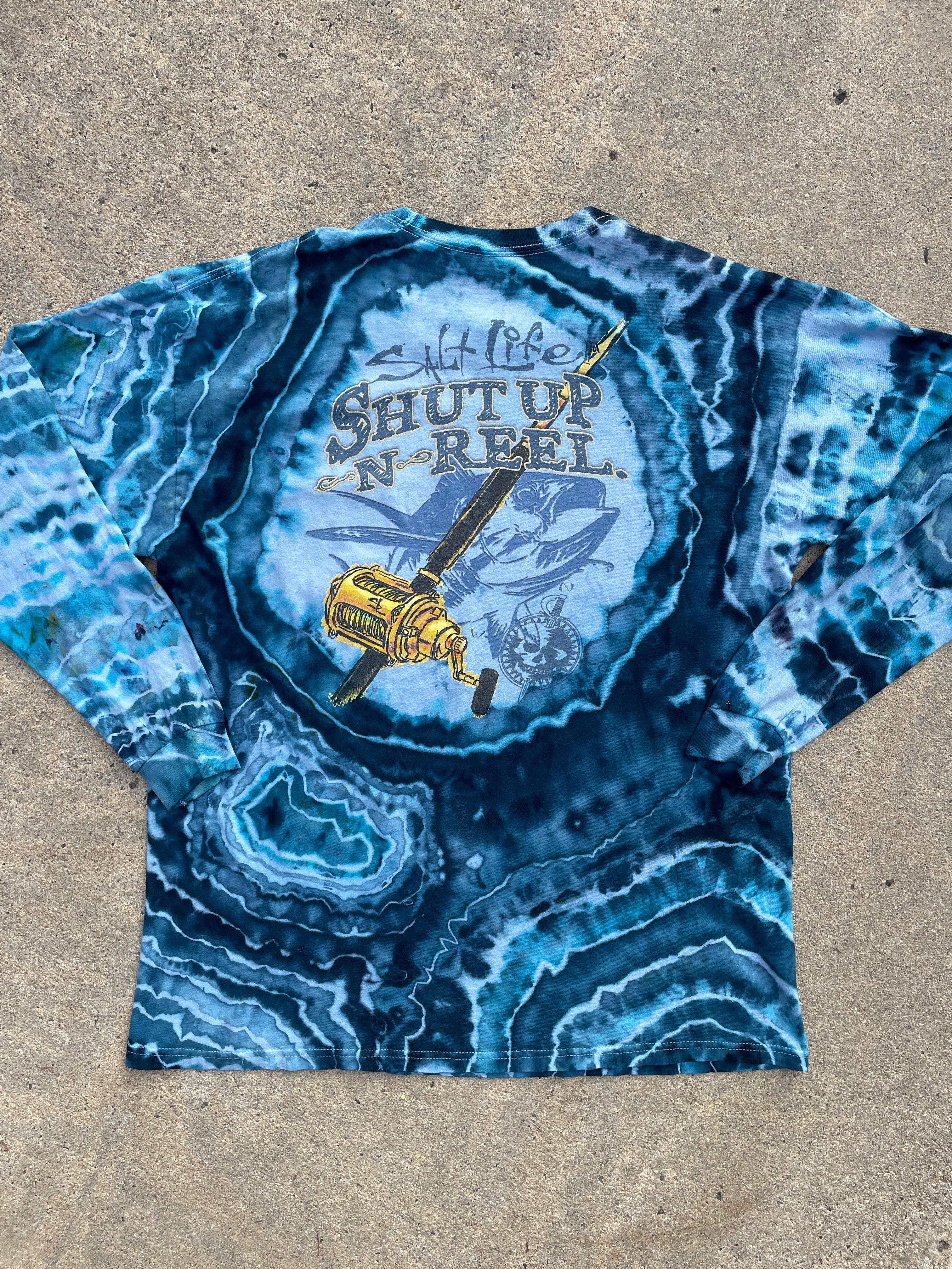 Salt Life Shut Up and Reel Blue Geode Long Sleeve Tie Dye T-Shirt | Men's XL