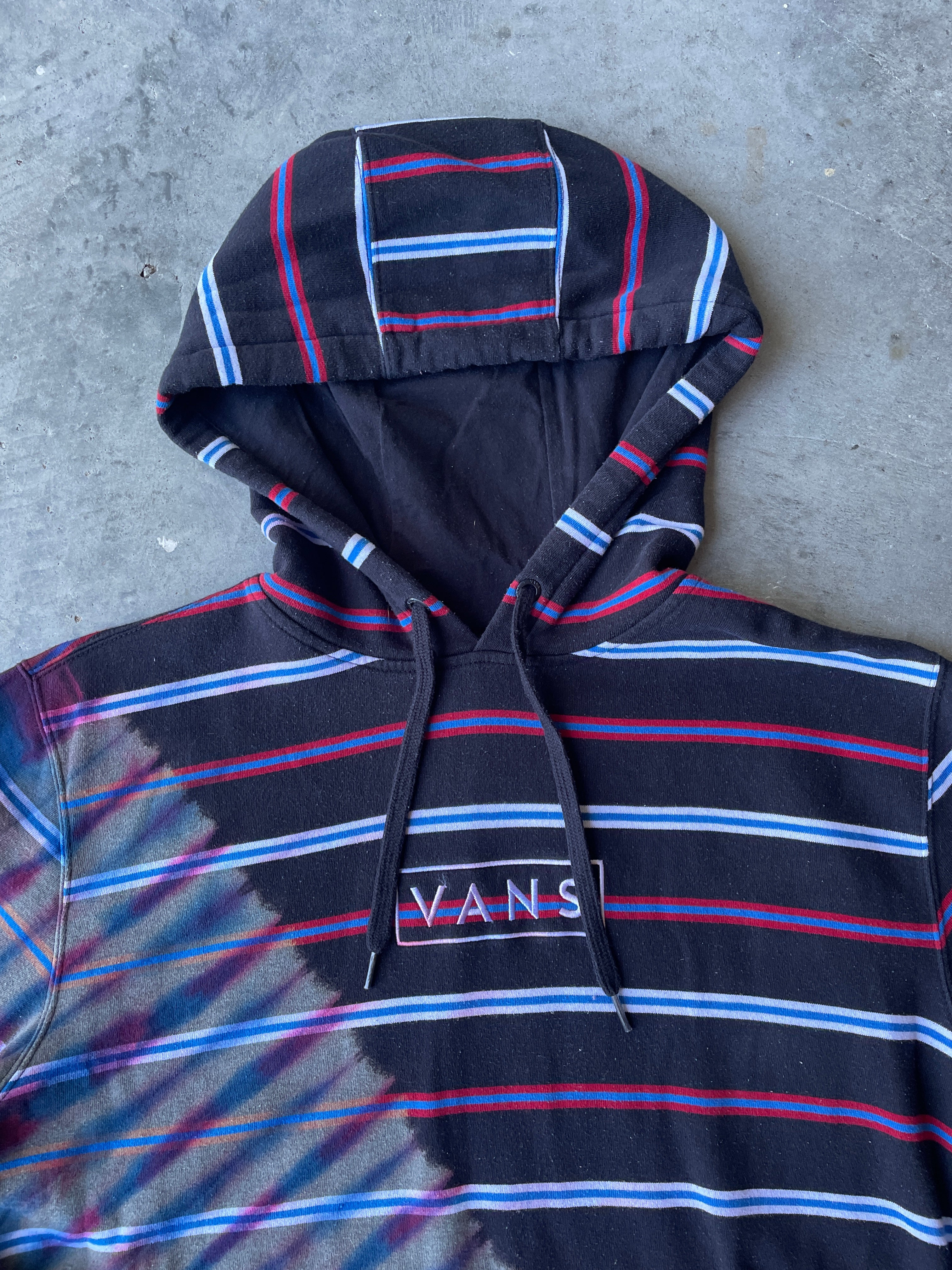 VANS Striped Reverse Tie Dye Hoodie | One-of-a-Kind Black, Red, and Blue Sweatshirt | Men's Medium