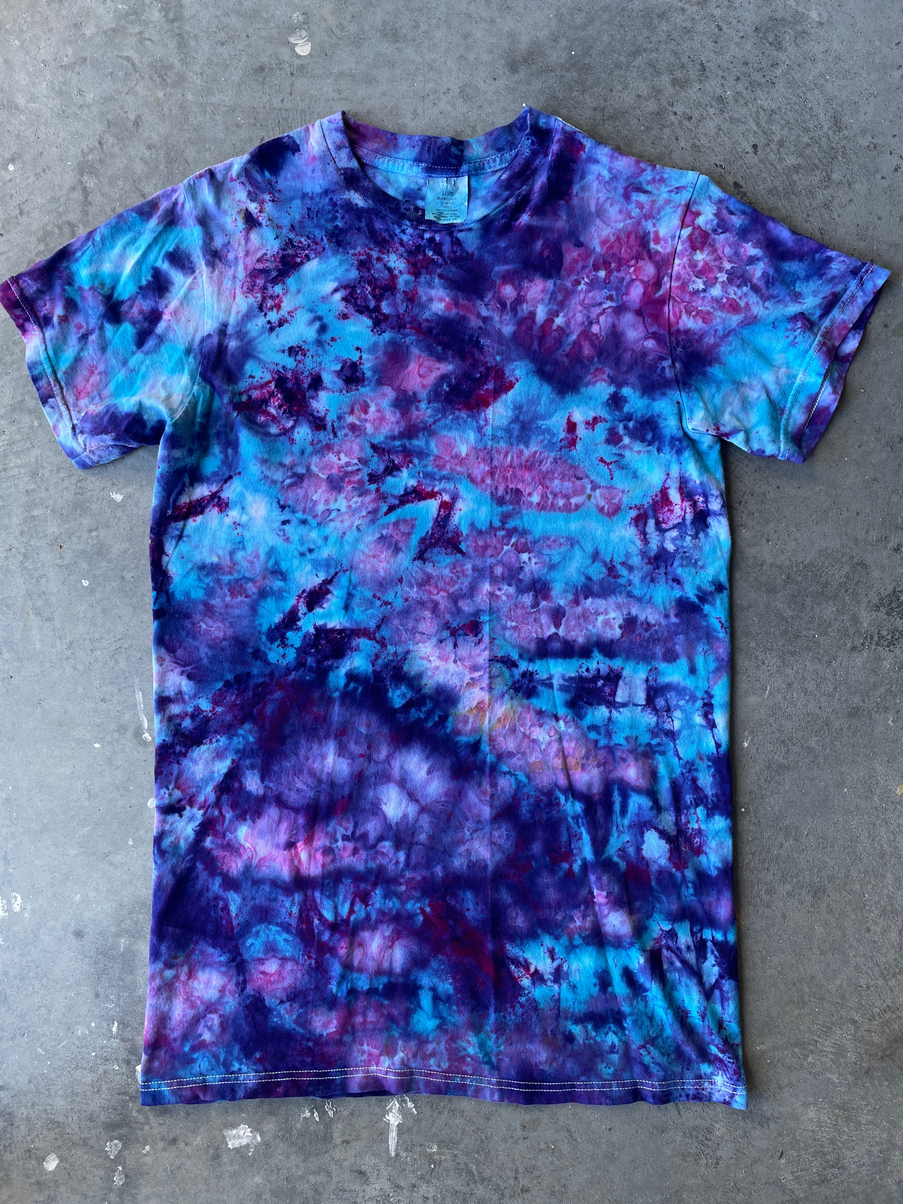 Blue, Purple, and Pink Short Sleeve Ice Dyed T-Shirt | One-of-a-Kind | Men's Large
