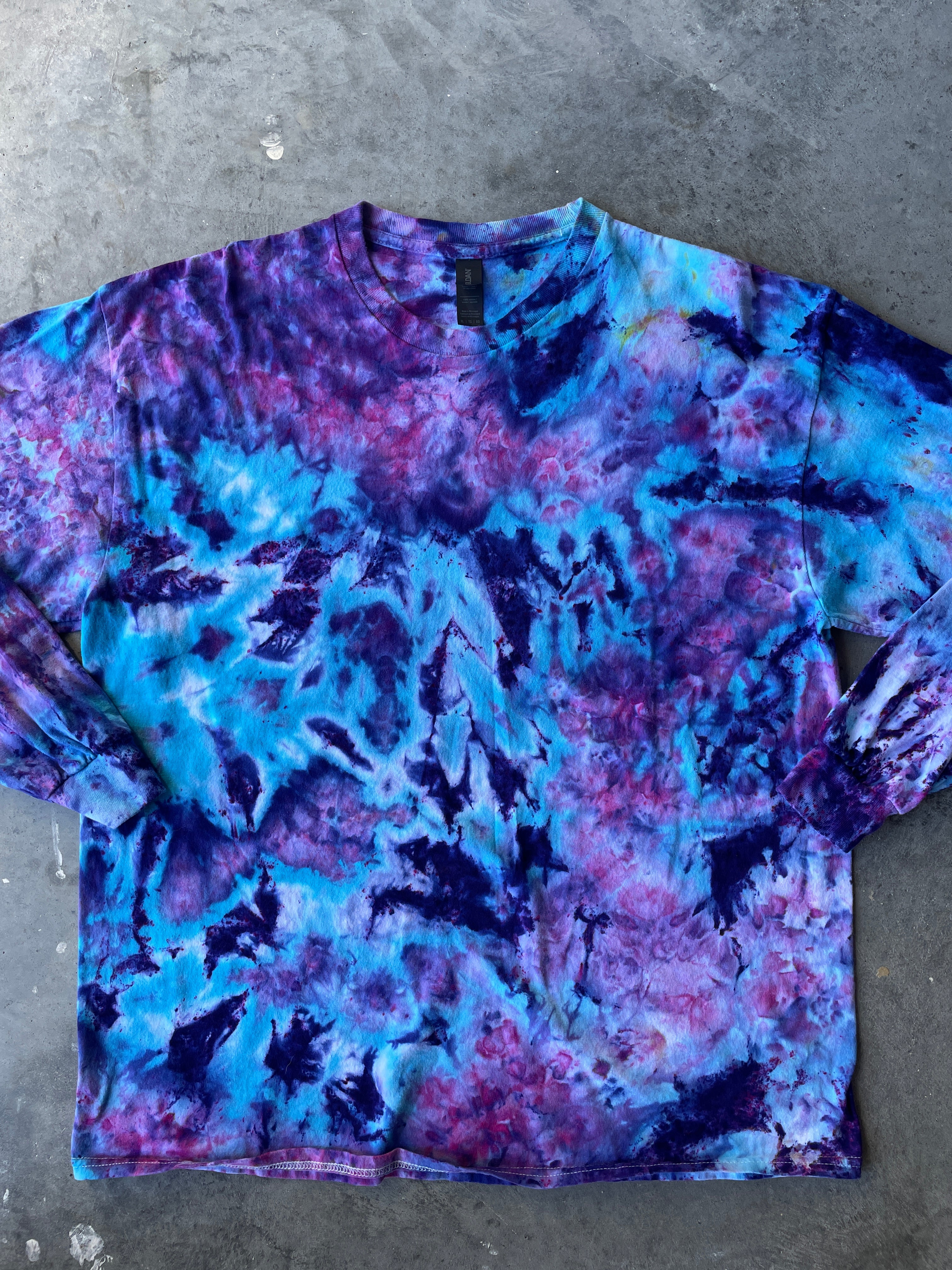 Blue, Purple, and Pink Long Sleeve Ice Dyed T-Shirt | One-of-a-Kind | Men's XL