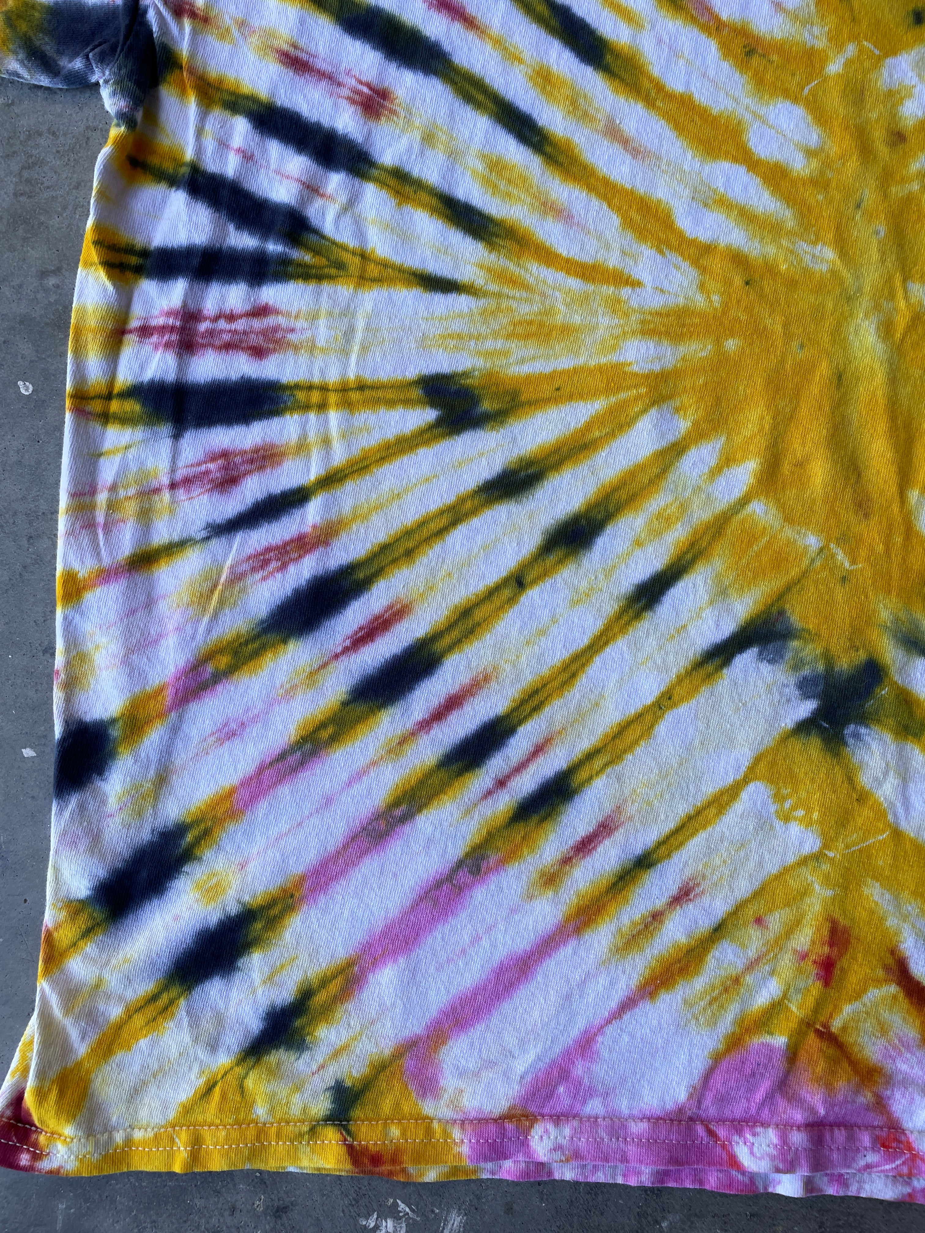 Pink & Yellow Sunburst Short Sleeve Ice Dyed T-Shirt | One-of-a-Kind | Men's XL
