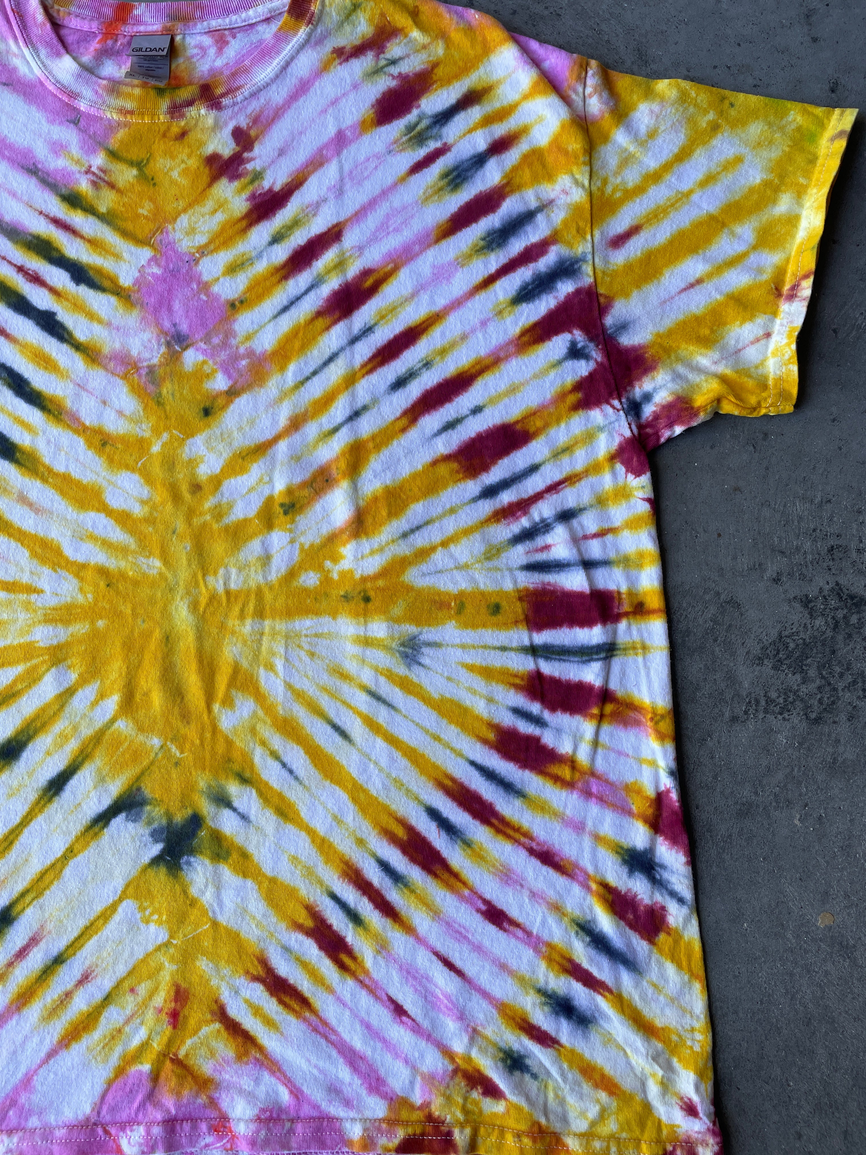 Pink & Yellow Sunburst Short Sleeve Ice Dyed T-Shirt | One-of-a-Kind | Men's XL