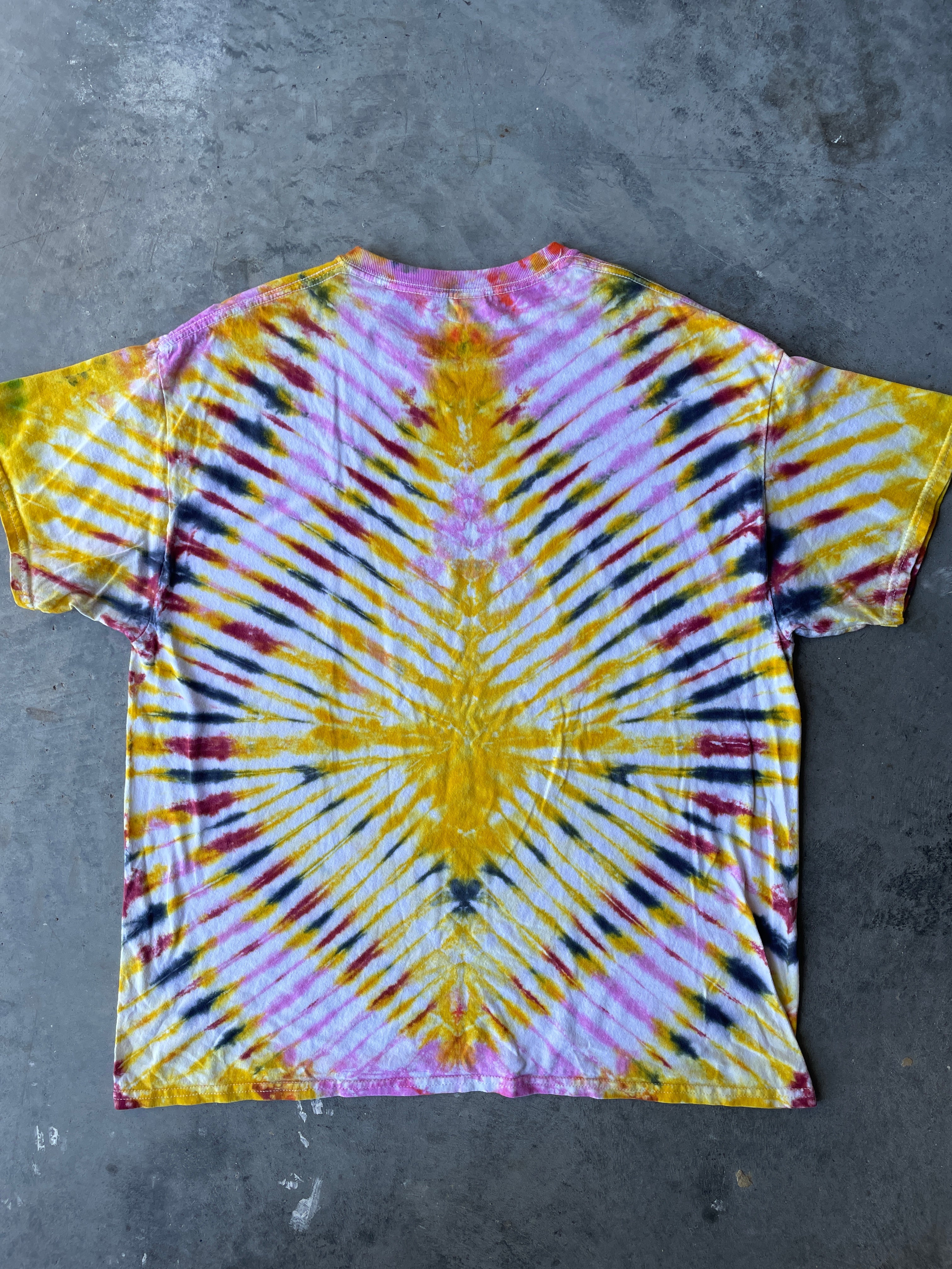 Pink & Yellow Sunburst Short Sleeve Ice Dyed T-Shirt | One-of-a-Kind | Men's XL