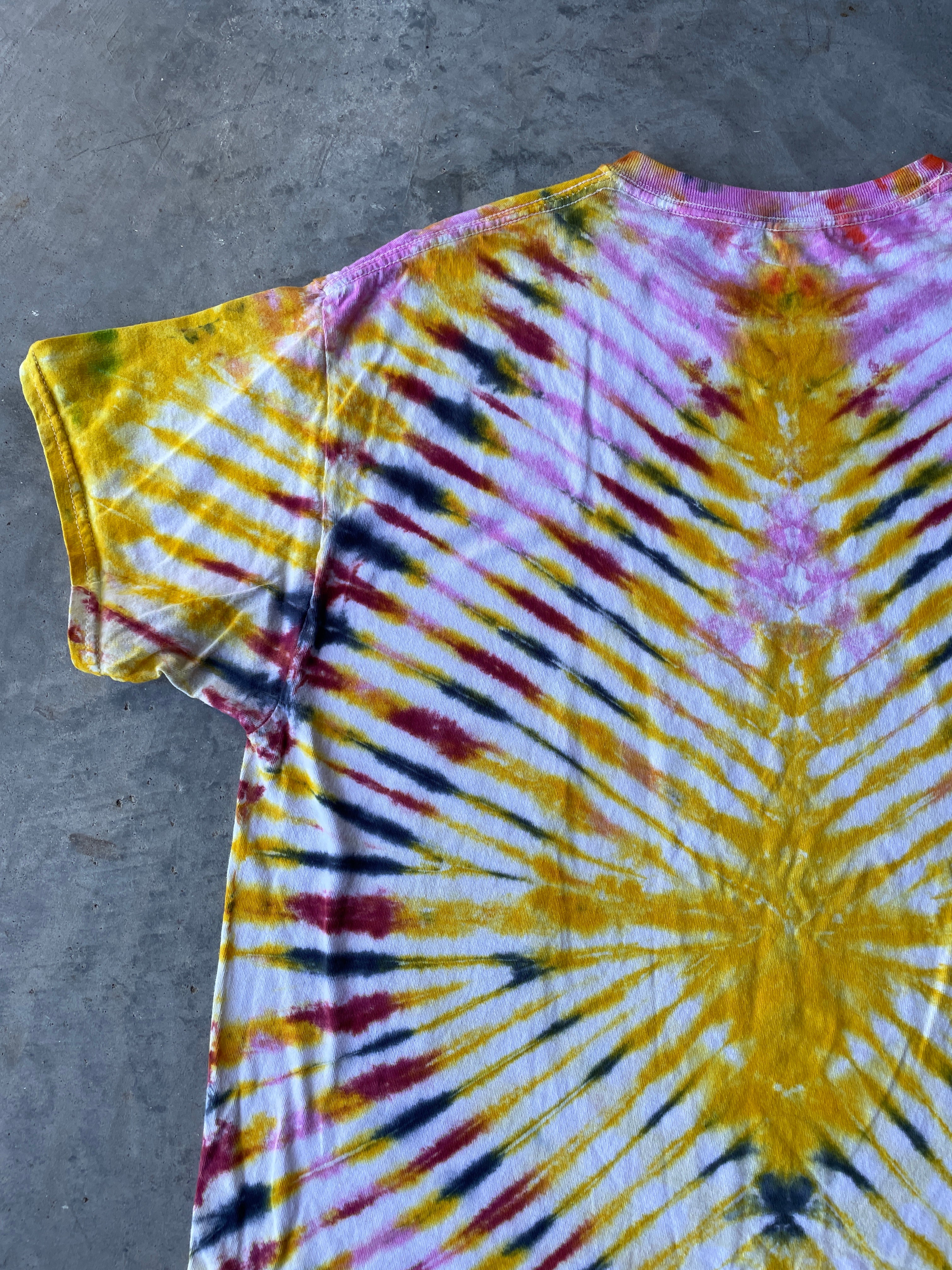 Pink & Yellow Sunburst Short Sleeve Ice Dyed T-Shirt | One-of-a-Kind | Men's XL
