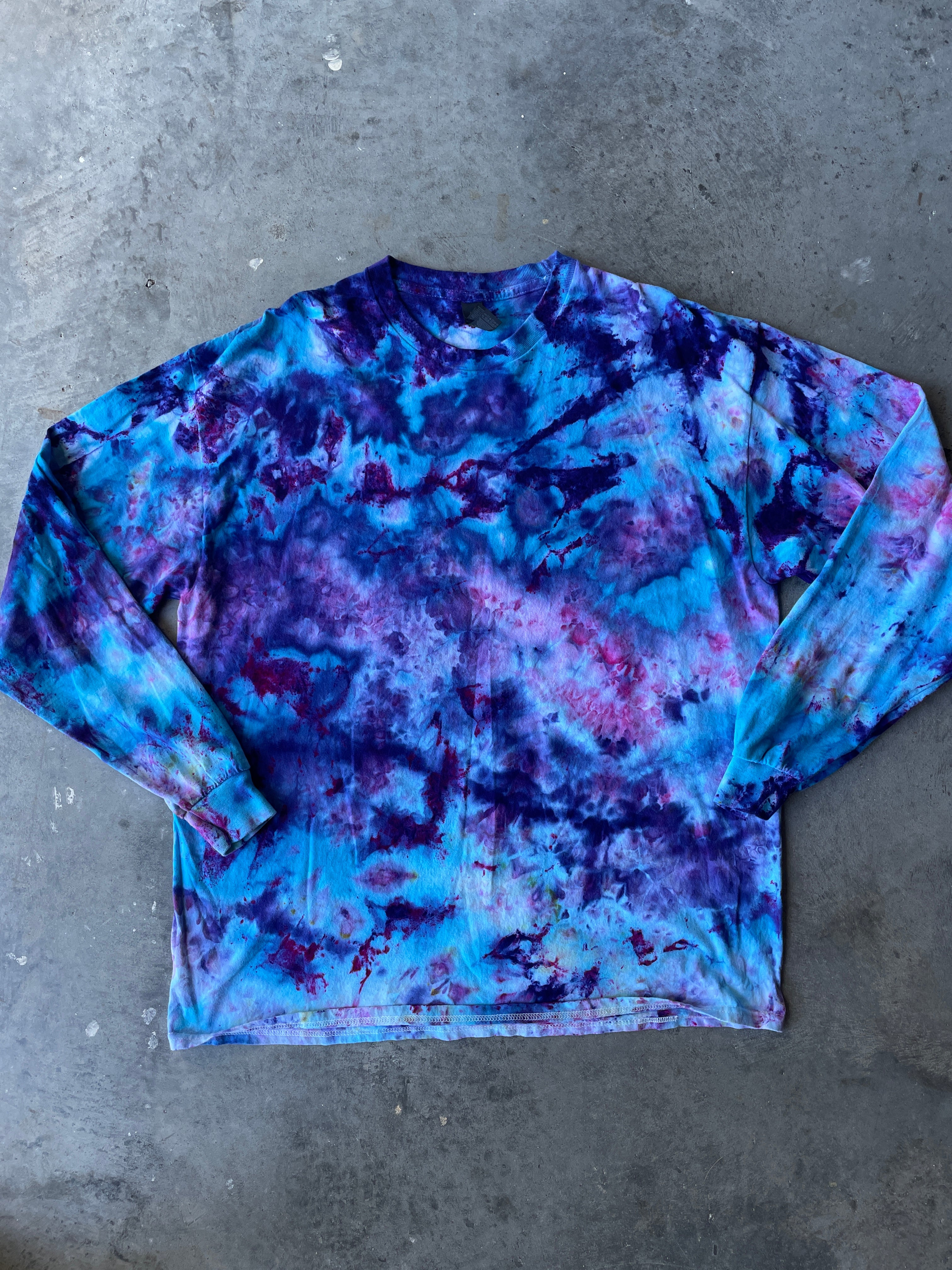Blue, Purple, and Pink Long Sleeve Ice Dyed T-Shirt | One-of-a-Kind | Men's XL