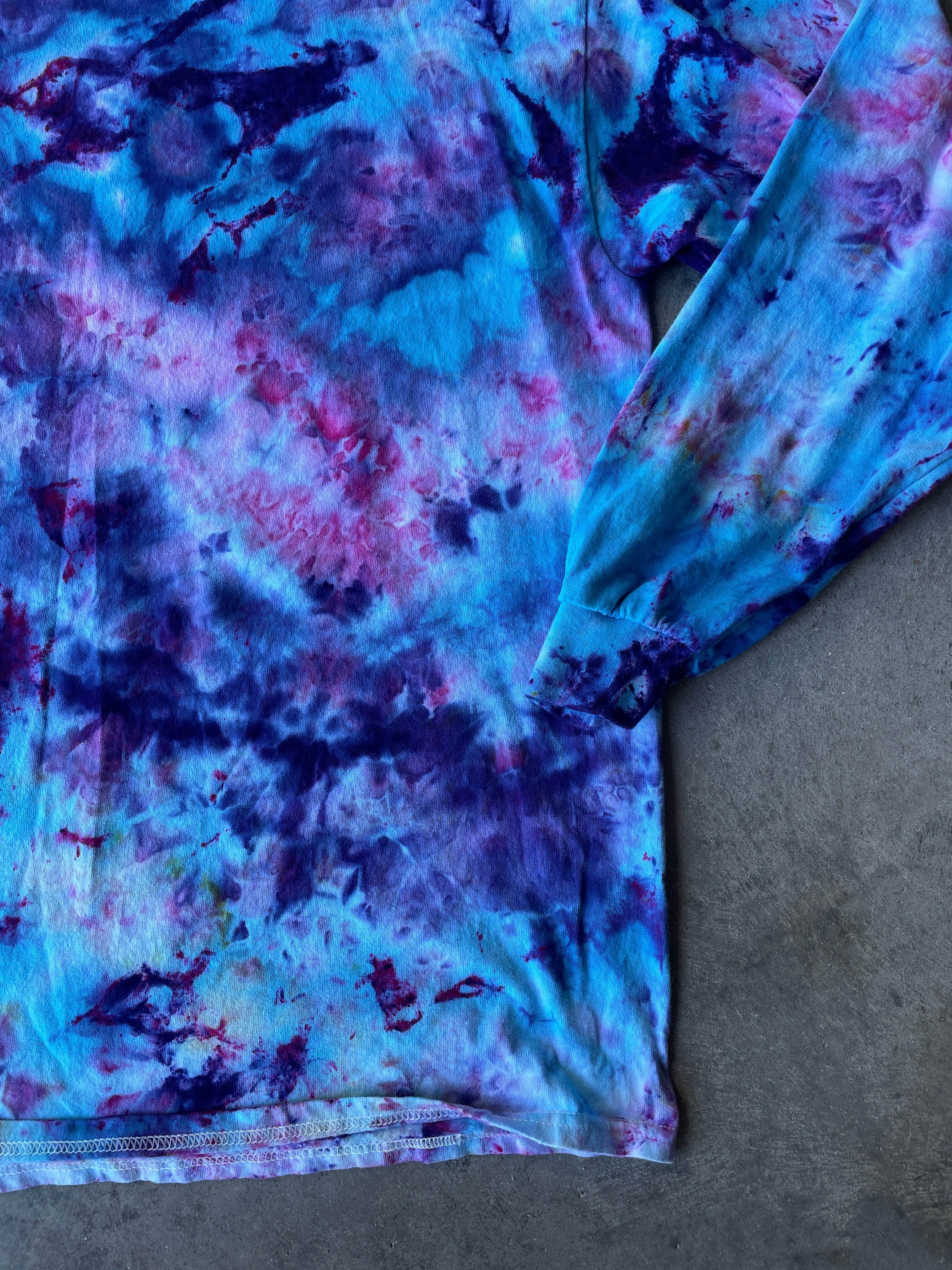 Blue, Purple, and Pink Long Sleeve Ice Dyed T-Shirt | One-of-a-Kind | Men's XL