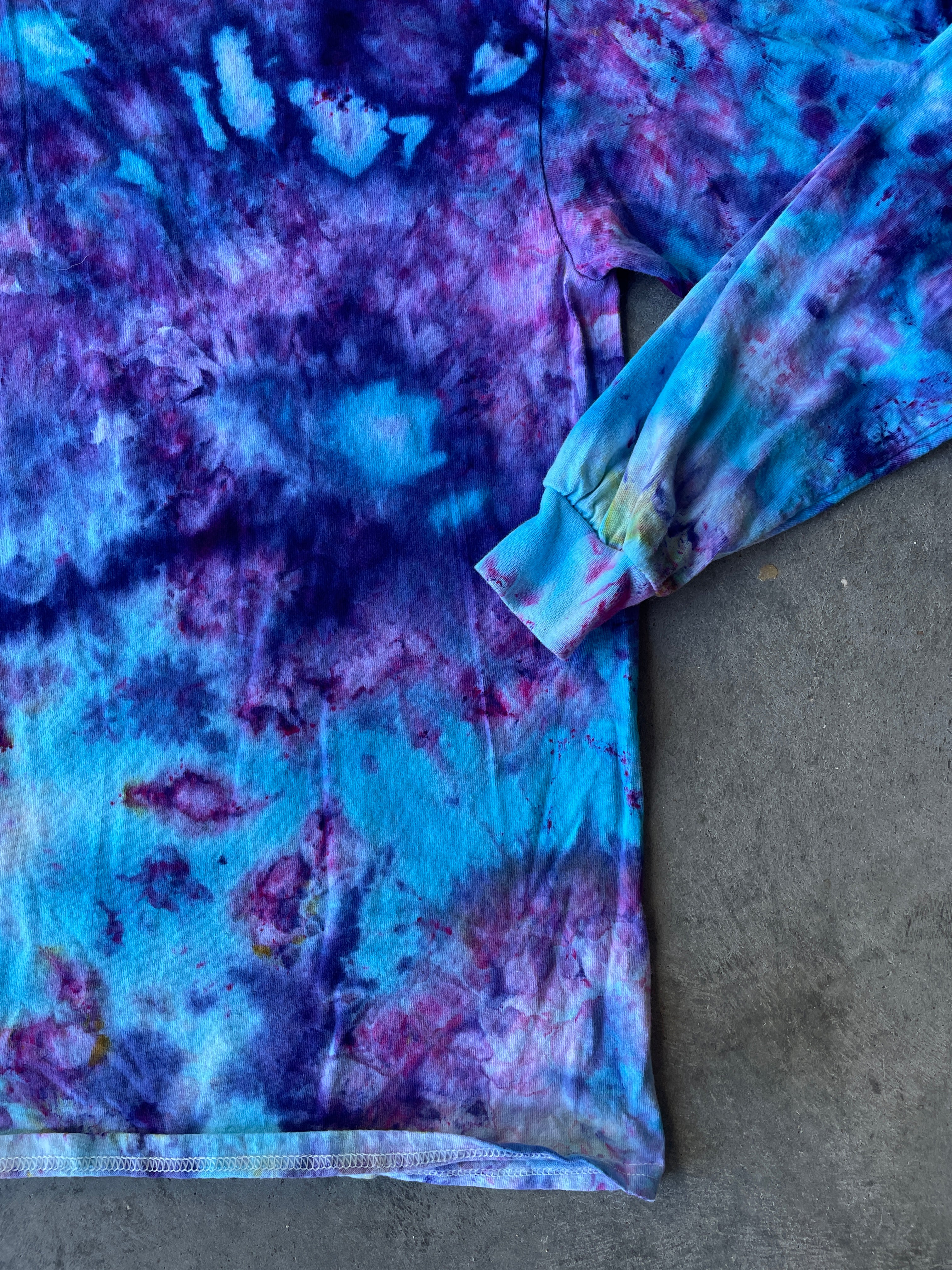 Blue, Purple, and Pink Long Sleeve Ice Dyed T-Shirt | One-of-a-Kind | Men's XL