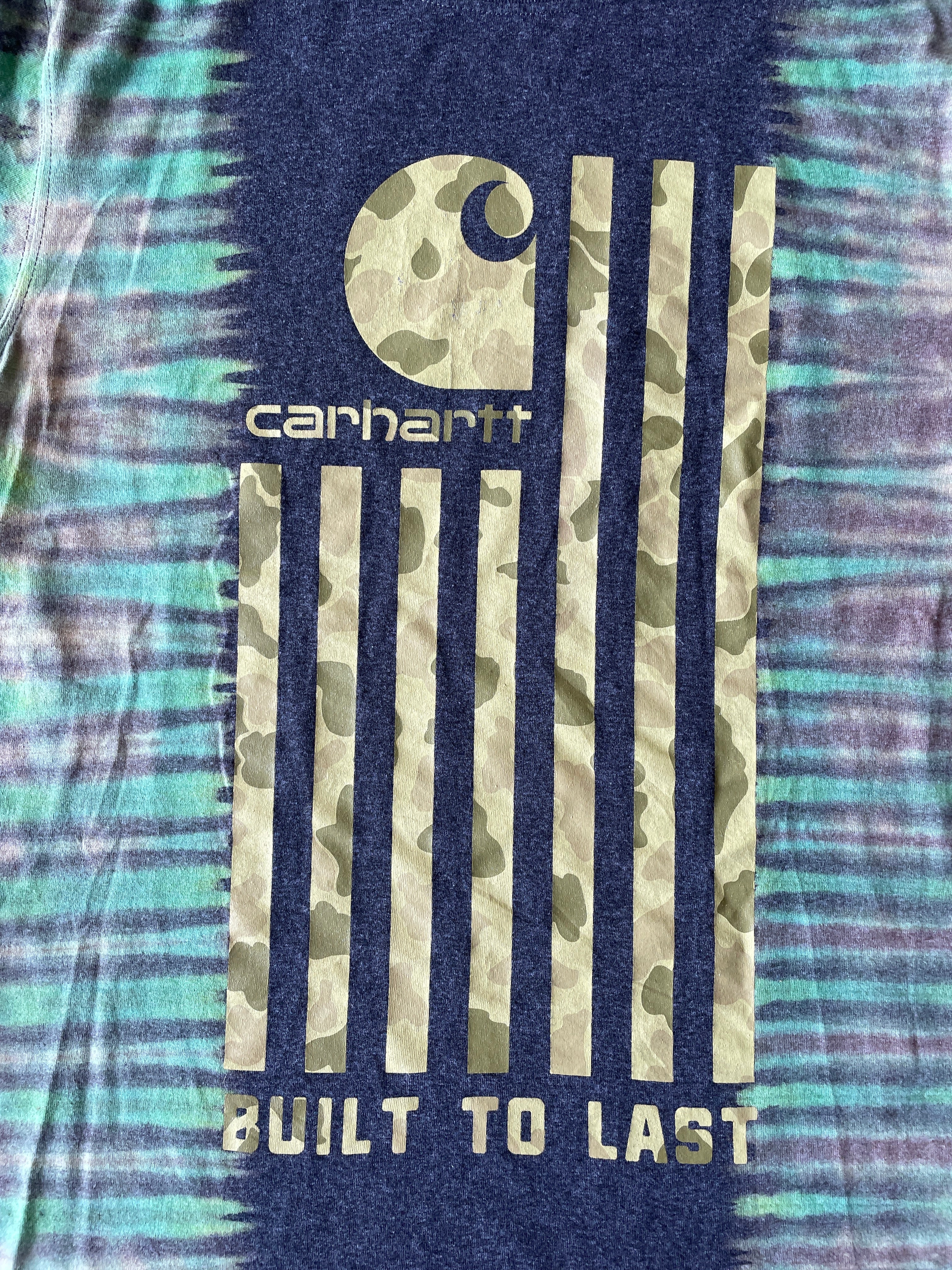 Carhartt "Built to Last" Camo Flag Short Sleeve Gray and Green Reverse Tie Dye T-Shirt | One-of-a-Kind | Men's Medium