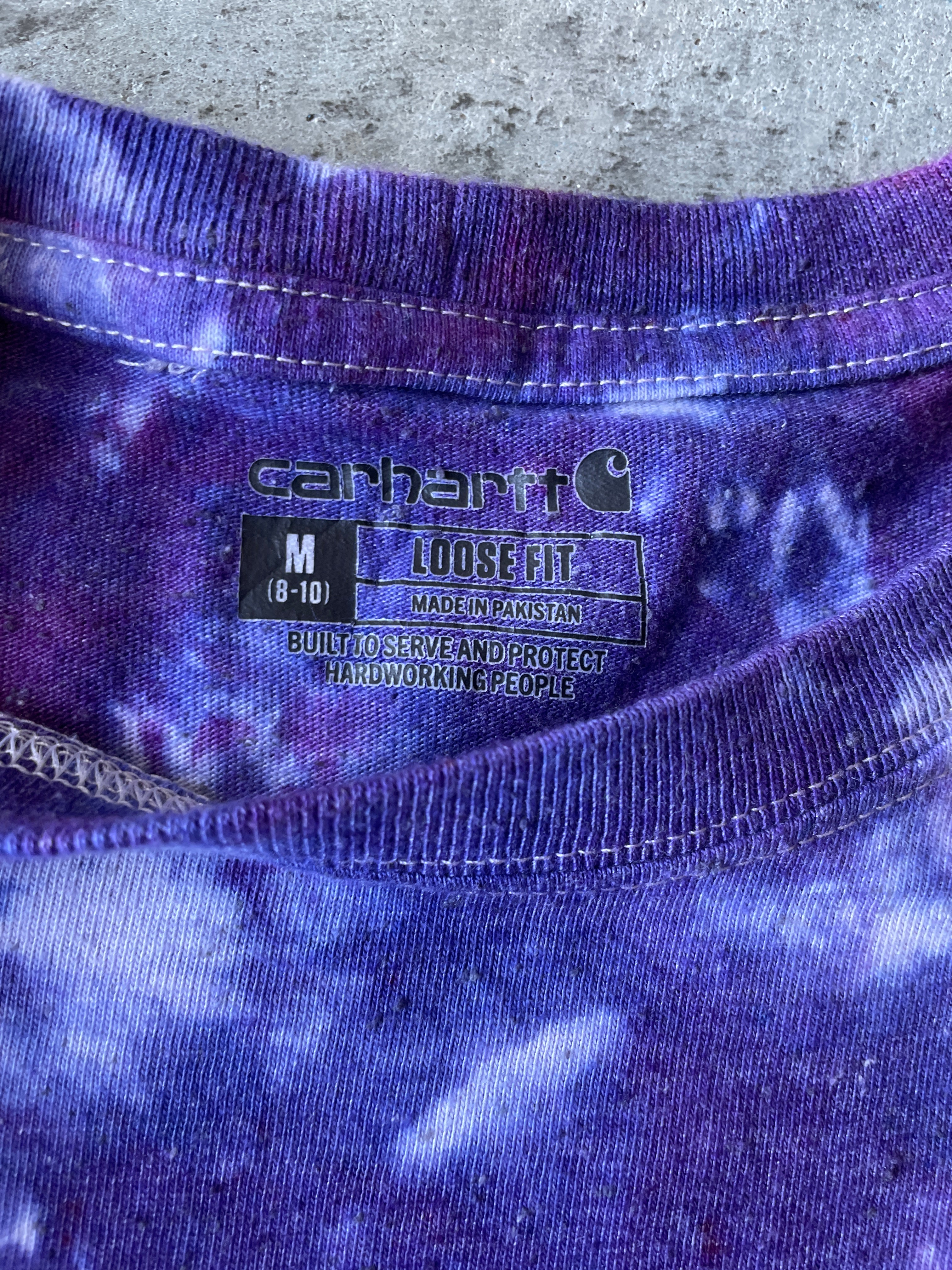 Carhartt Short Sleeve Purple and Blue Tie Dye T-Shirt | One-of-a-Kind | Youth Medium (8-10)