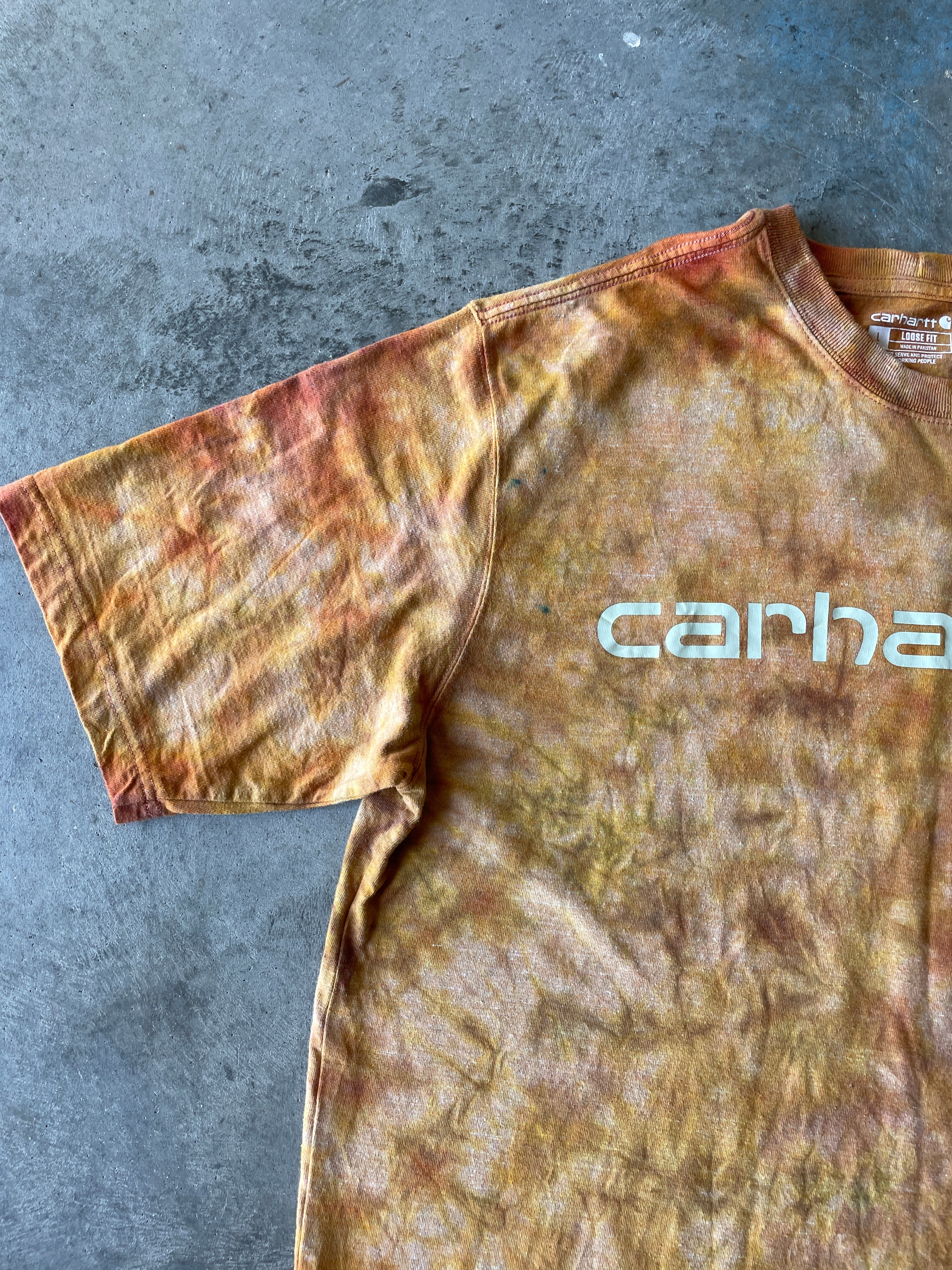 Carhartt Short Sleeve Golden Yellow Tie Dye Graphic T-Shirt | One-of-a-Kind | Men's Large