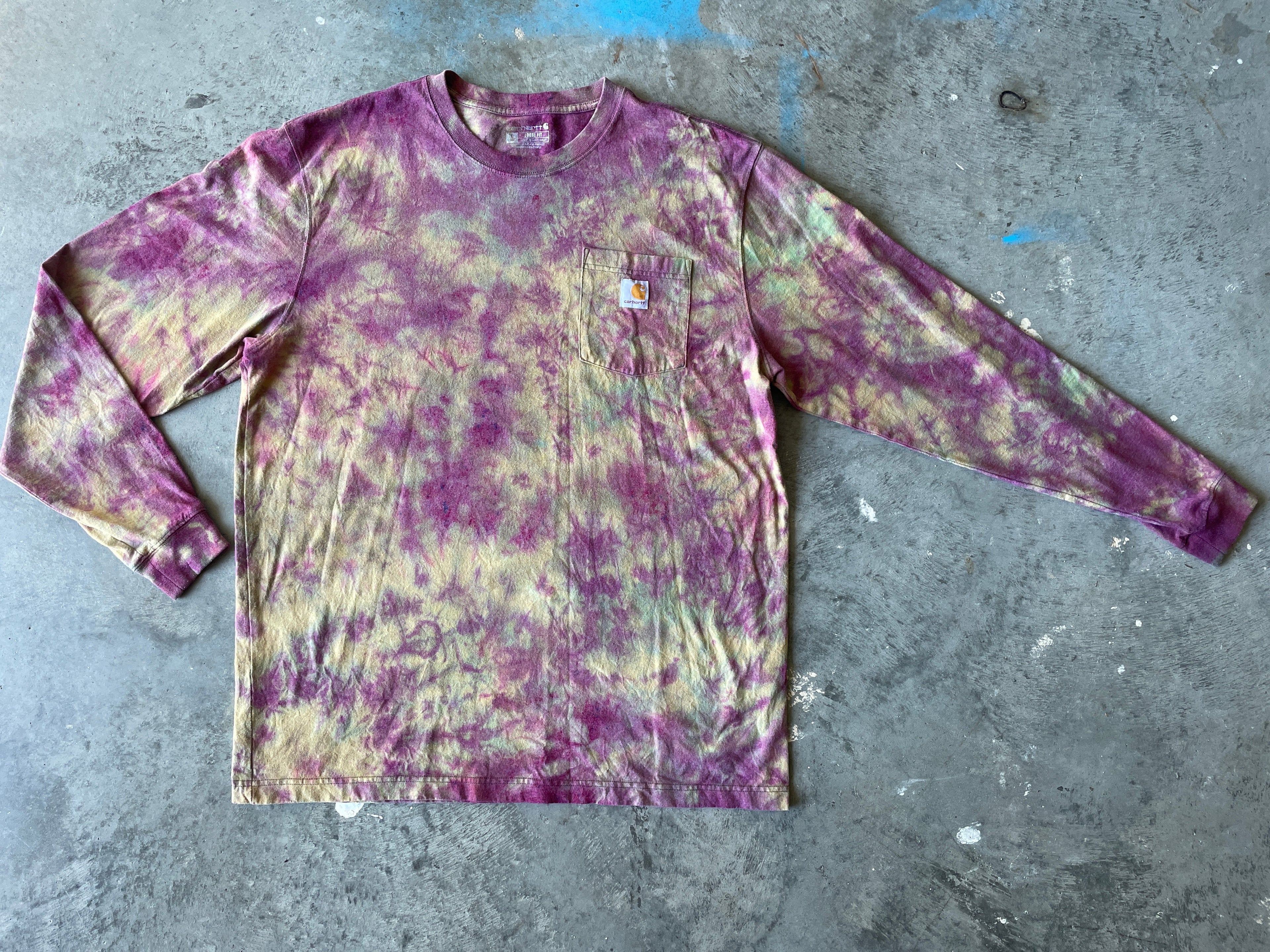Carhartt Long Sleeve Pink and Tan Reverse Tie Dye T-Shirt | One-of-a-Kind | Men's Large