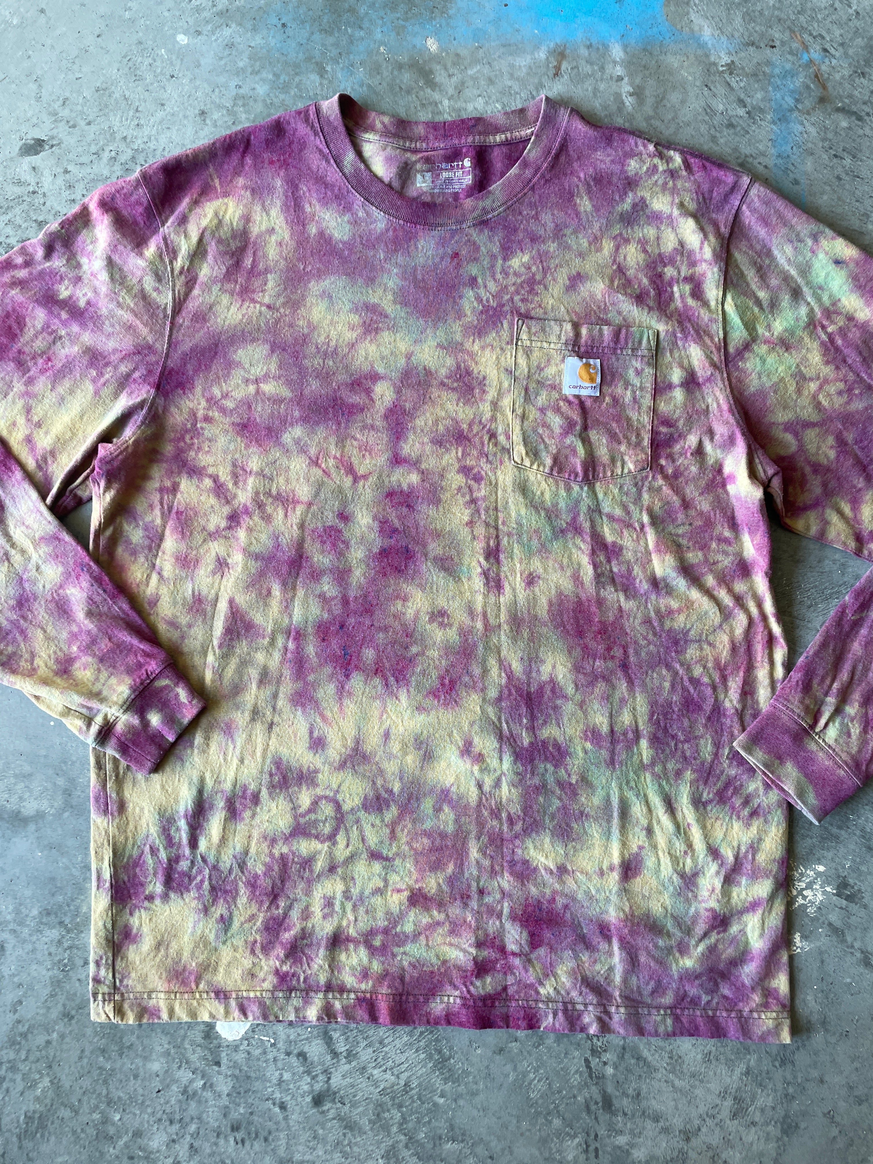 Carhartt Long Sleeve Pink and Tan Reverse Tie Dye T-Shirt | One-of-a-Kind | Men's Large