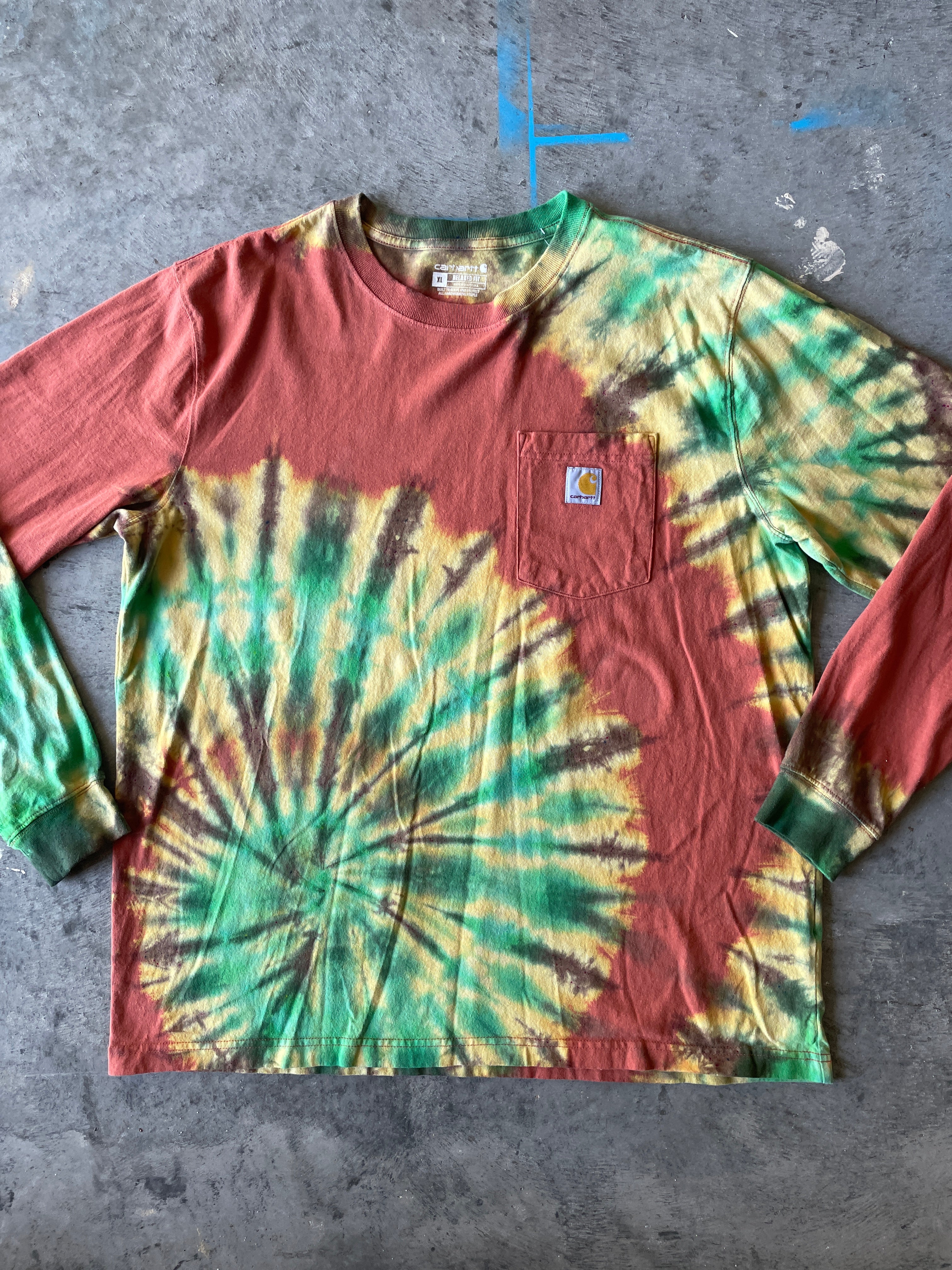Carhartt Mountains Long Sleeve Copper & Turquoise Reverse Tie Dye T-Shirt | One-of-a-Kind | Men's XL