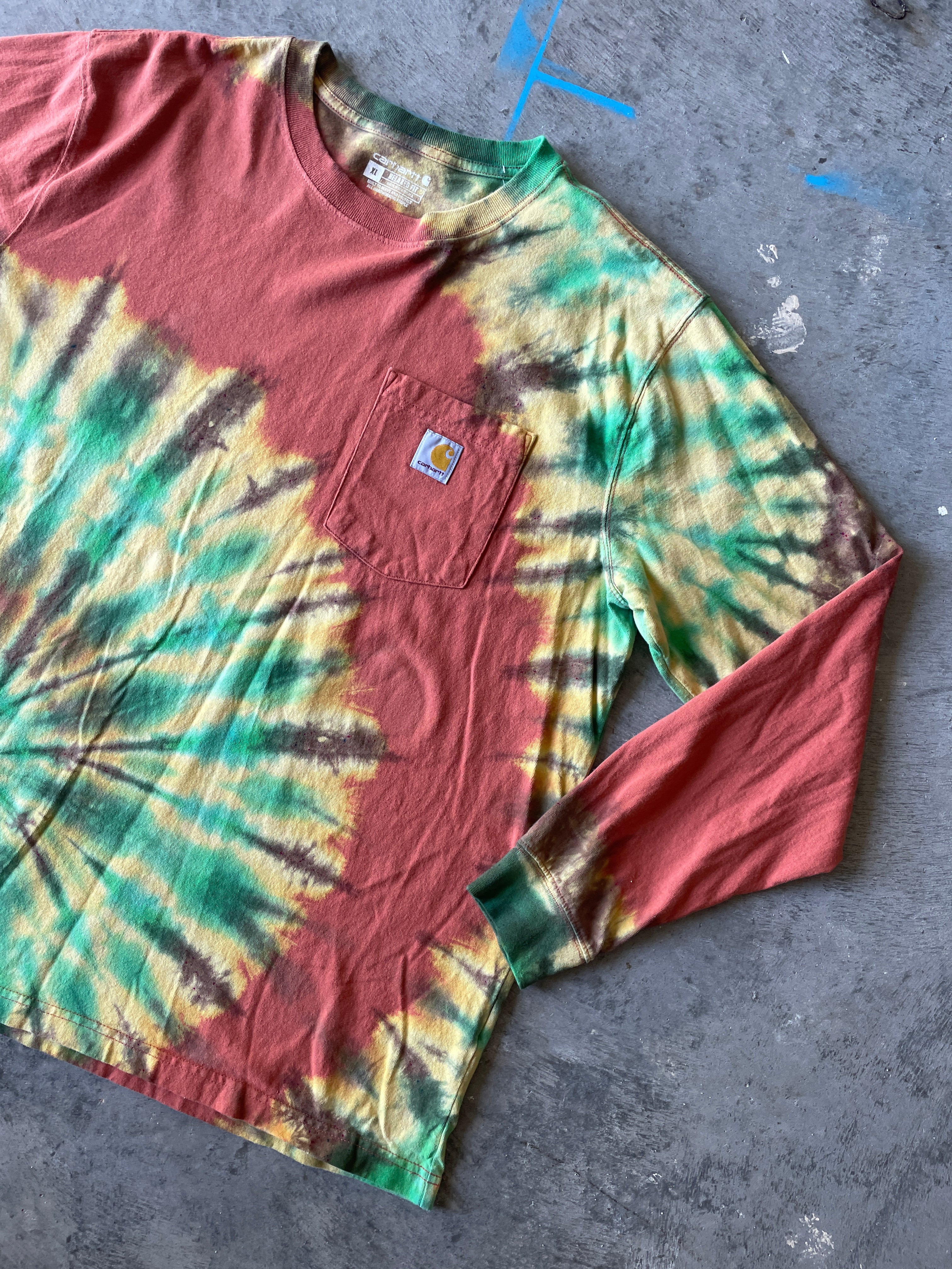 Carhartt Mountains Long Sleeve Copper & Turquoise Reverse Tie Dye T-Shirt | One-of-a-Kind | Men's XL