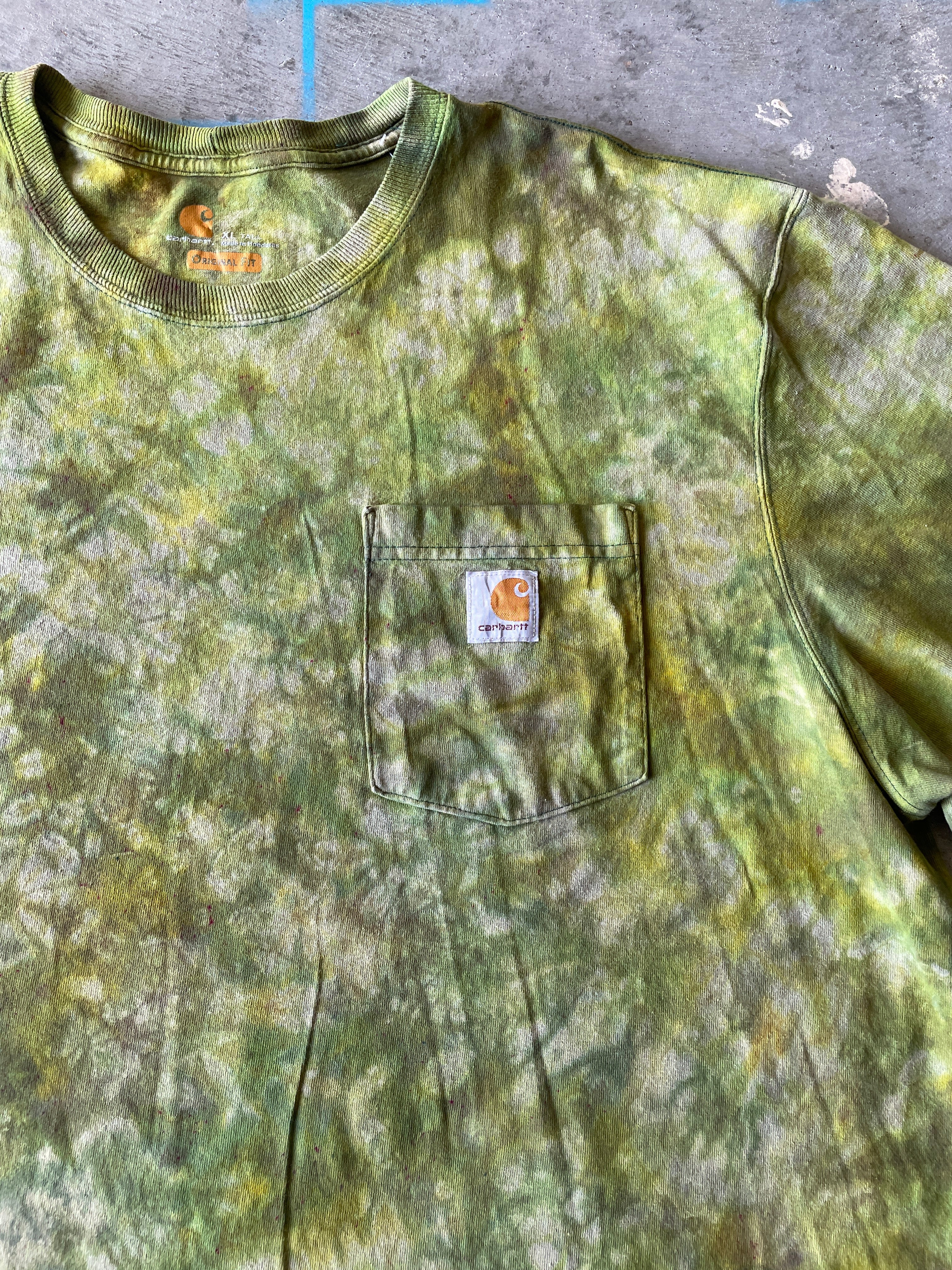 Carhartt Short Sleeve Green and Gold Tie Dye T-Shirt | One-of-a-Kind | Men's XL Tall