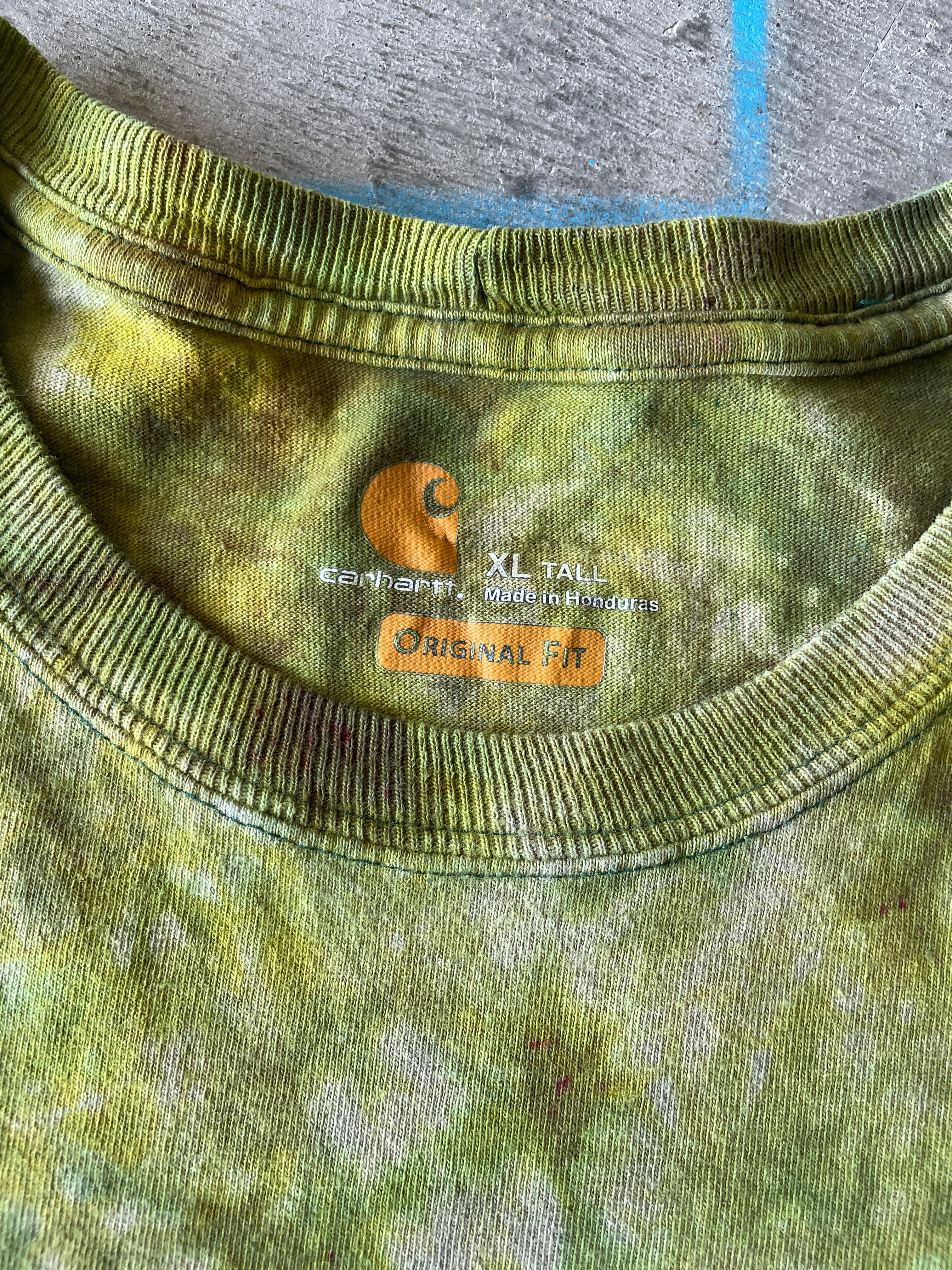 Carhartt Short Sleeve Green and Gold Tie Dye T-Shirt | One-of-a-Kind | Men's XL Tall