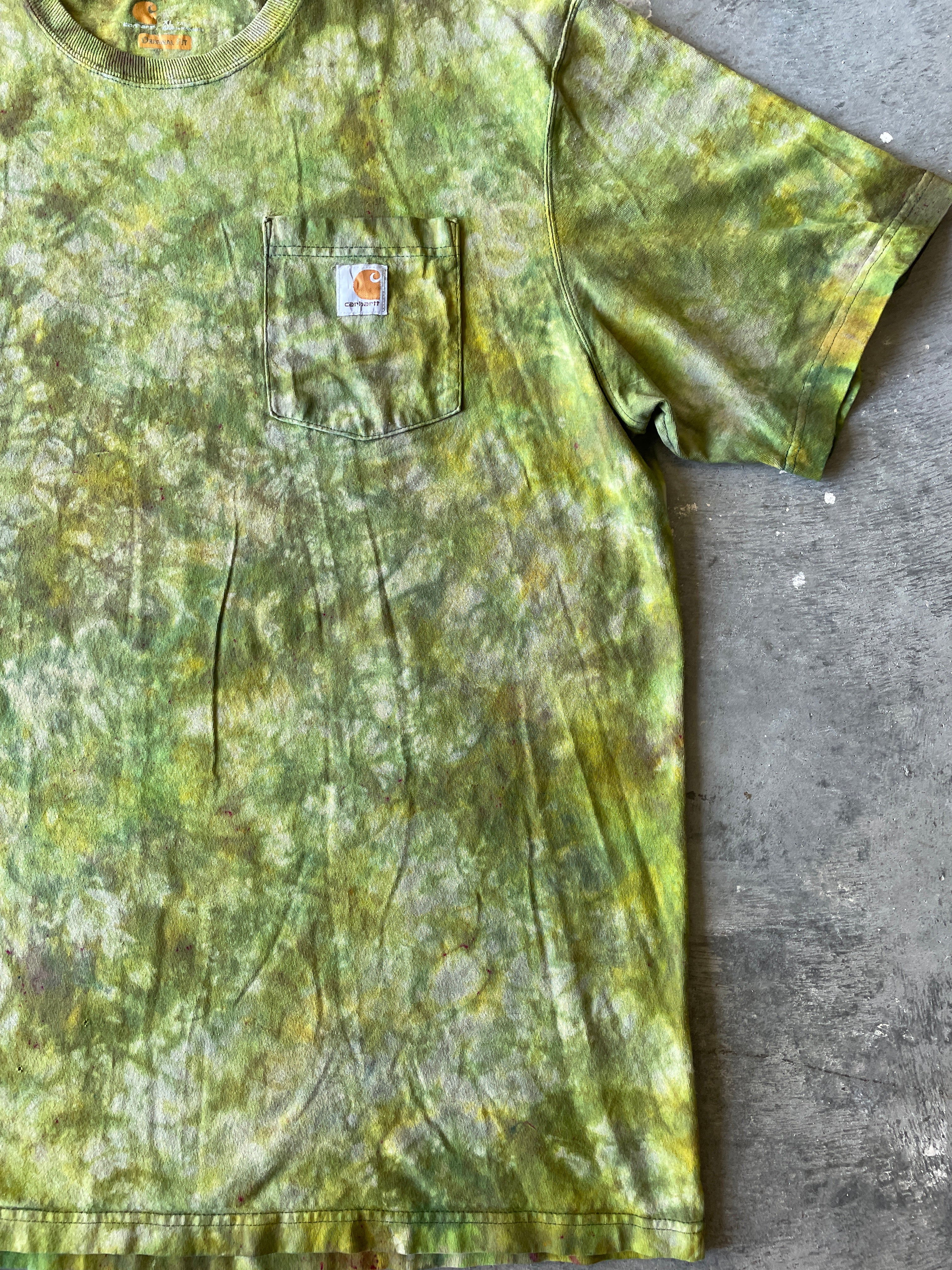 Carhartt Short Sleeve Green and Gold Tie Dye T-Shirt | One-of-a-Kind | Men's XL Tall