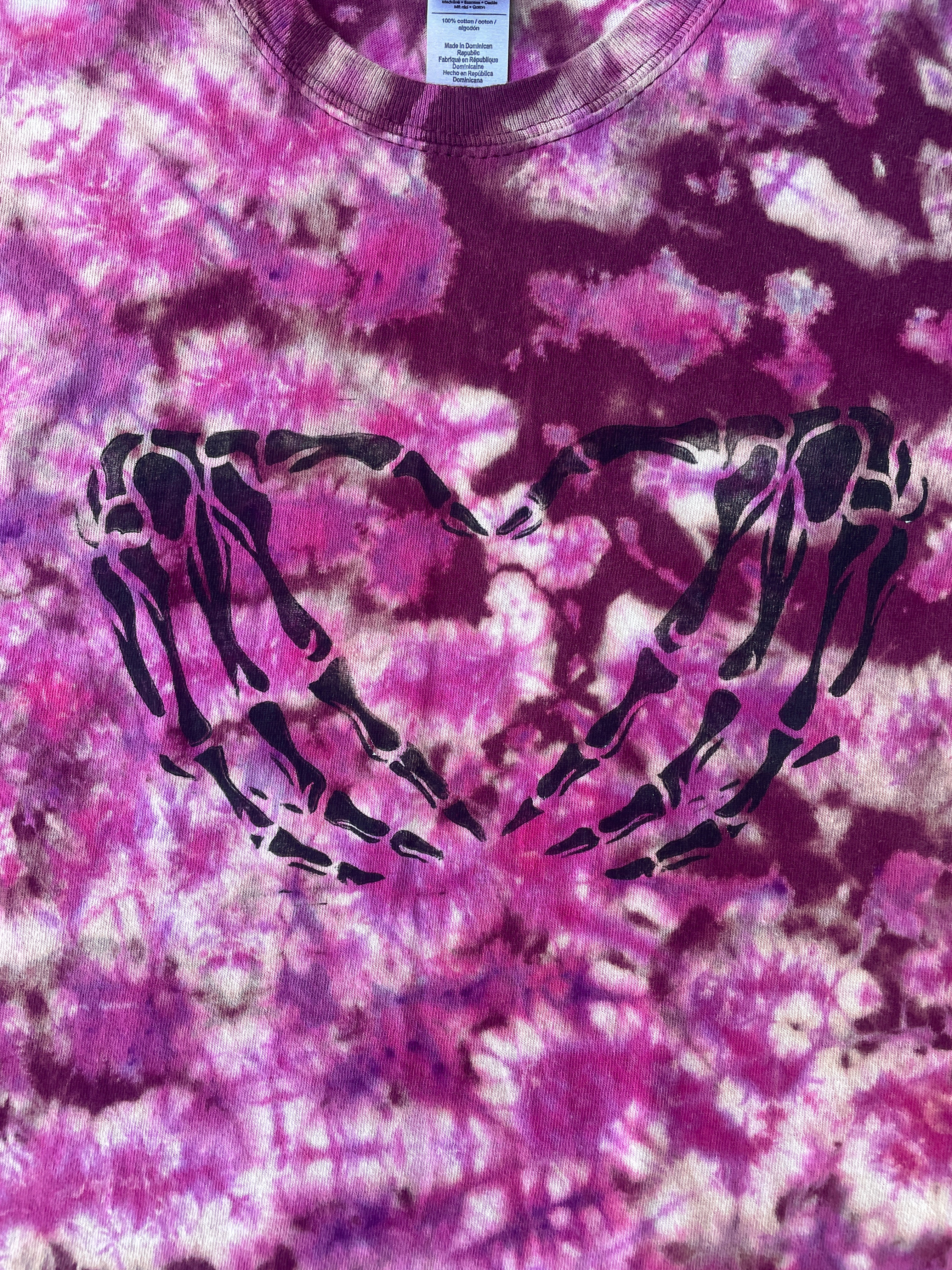 Hand-Printed Skeleton Heart Hands Pink and White Reverse Tie Dye Short Sleeve T-Shirt | Men's Size Small