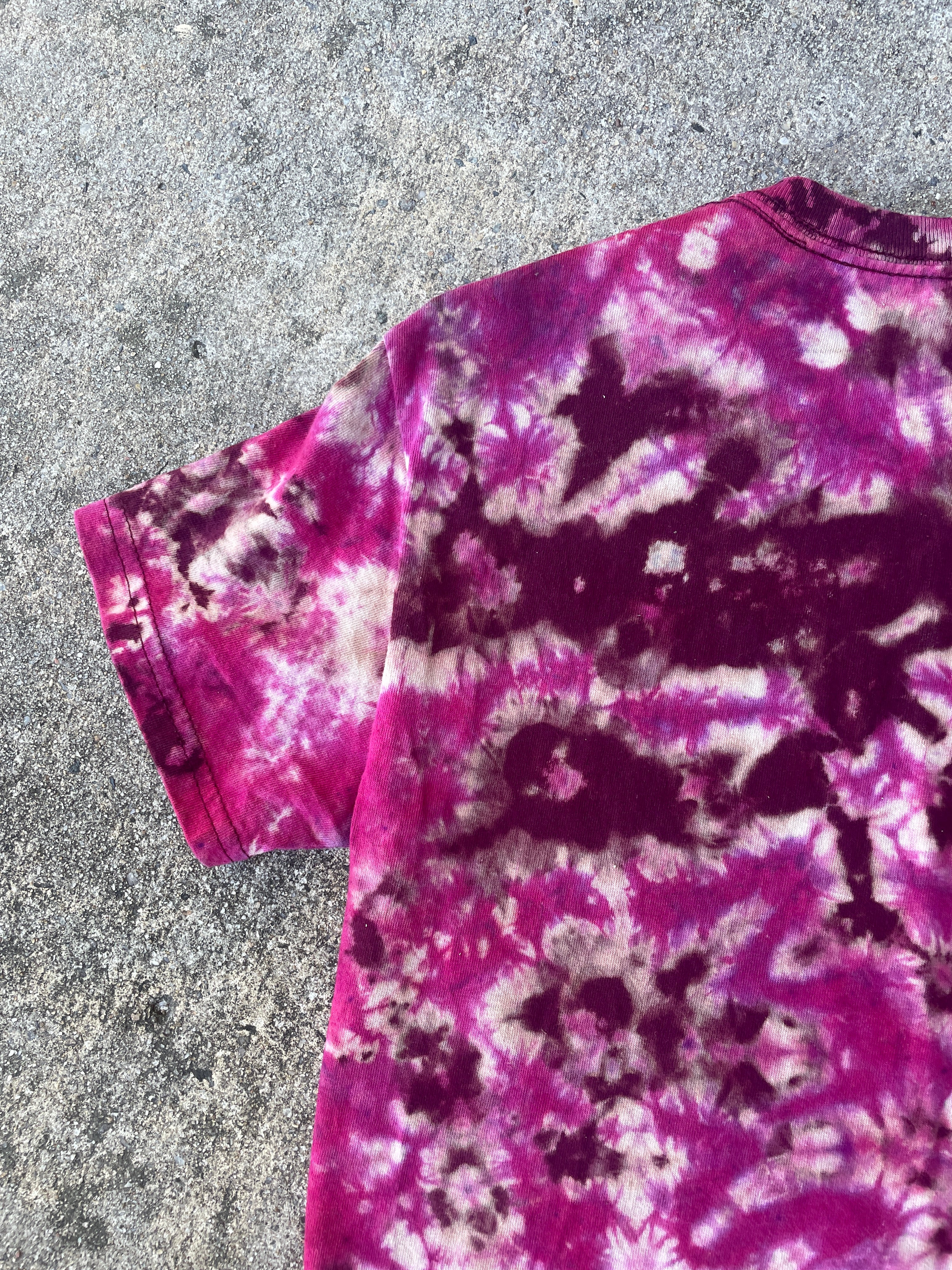 Hand-Printed Skeleton Heart Hands Pink and White Reverse Tie Dye Short Sleeve T-Shirt | Men's Size Small