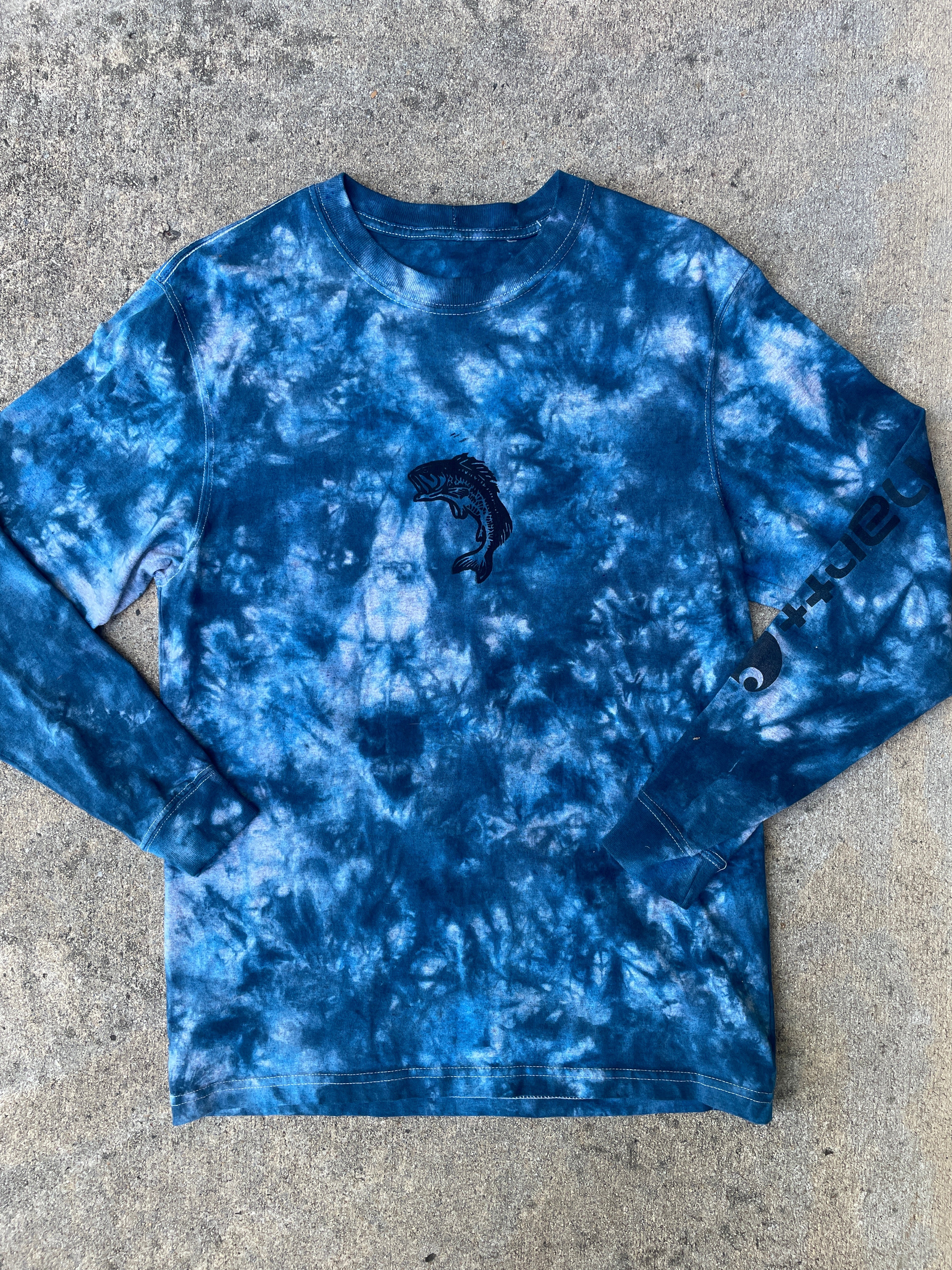 Carhartt Hand-Printed Largemouth Bass Blue and Gray Reverse Tie Dye Long Sleeve T-Shirt | Men's Size Small