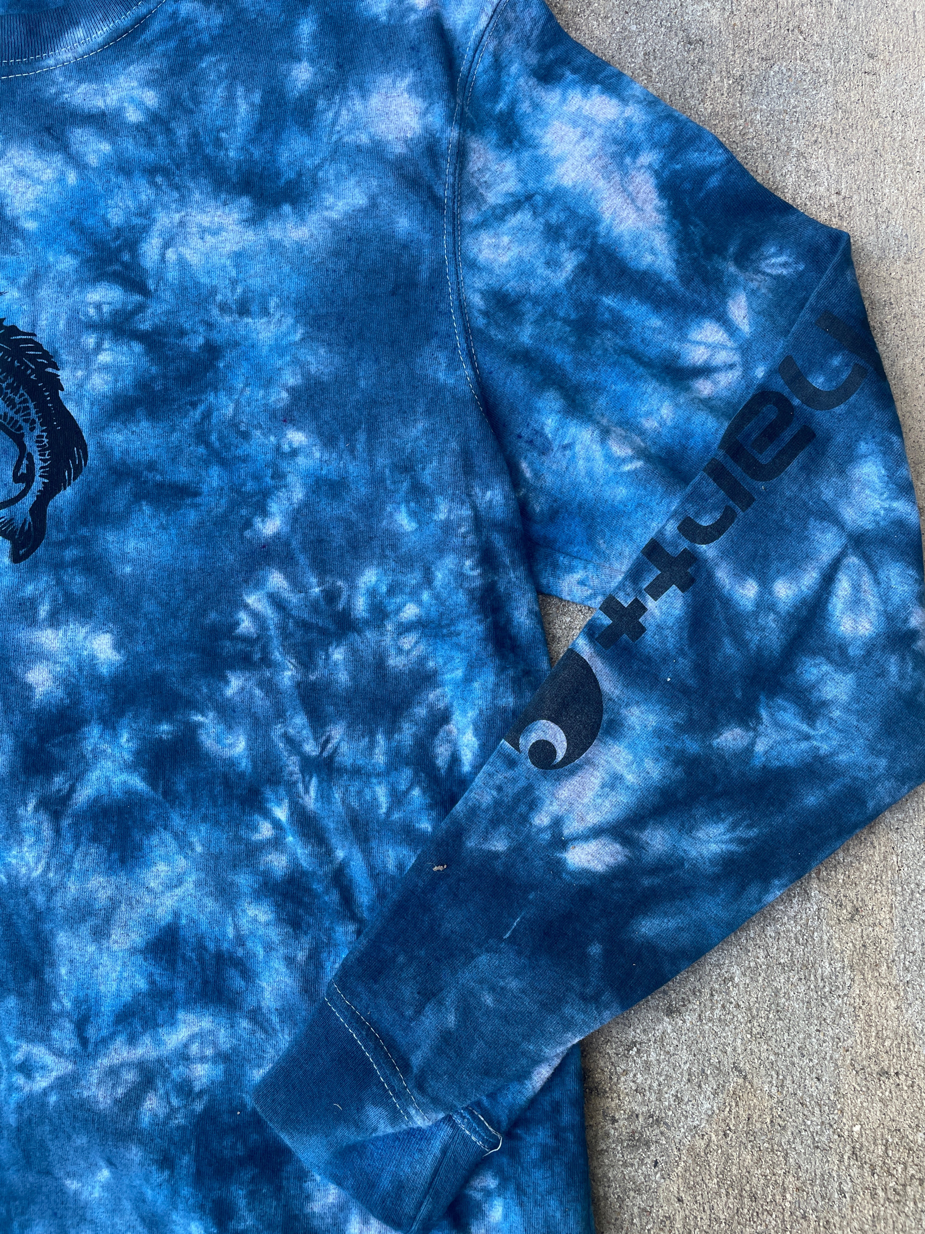 Carhartt Hand-Printed Largemouth Bass Blue and Gray Reverse Tie Dye Long Sleeve T-Shirt | Men's Size Small