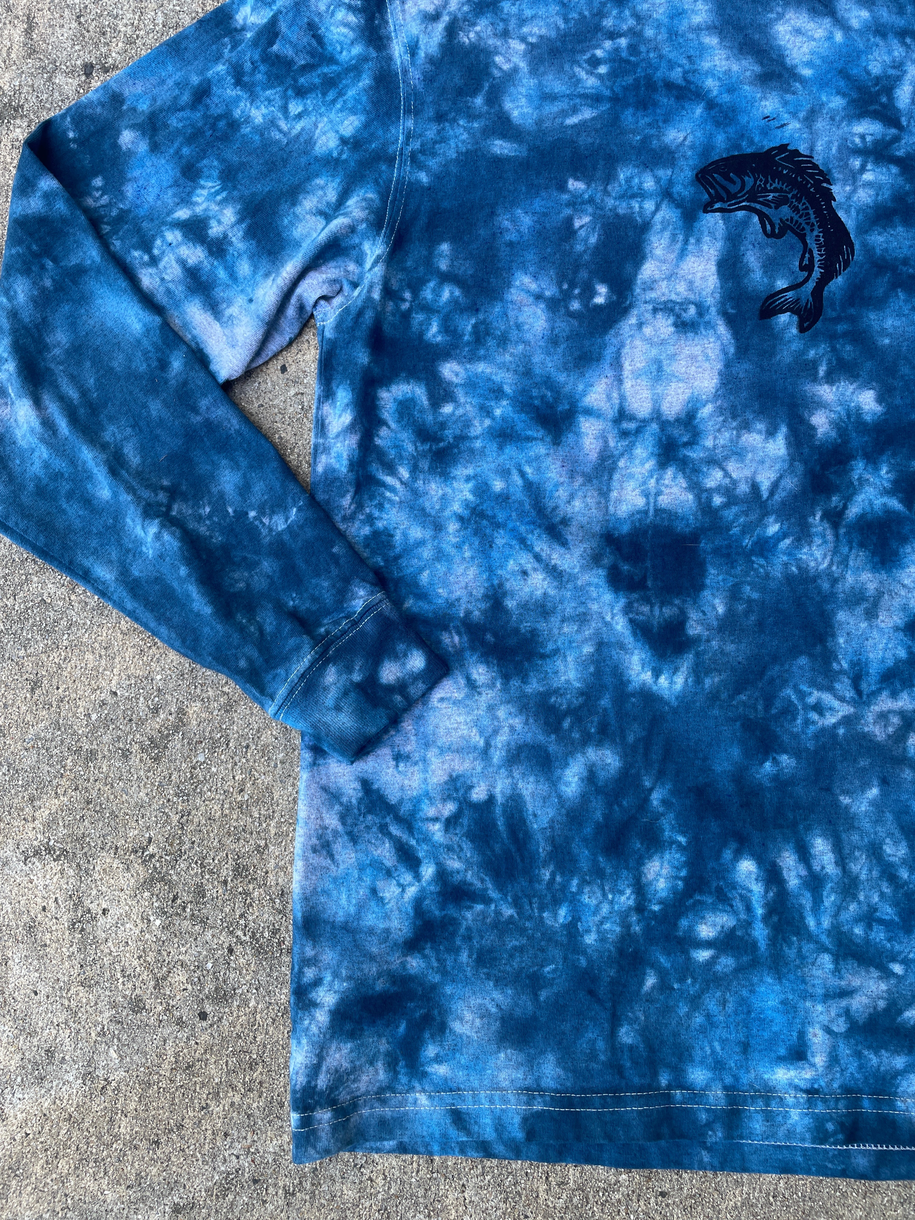 Carhartt Hand-Printed Largemouth Bass Blue and Gray Reverse Tie Dye Long Sleeve T-Shirt | Men's Size Small