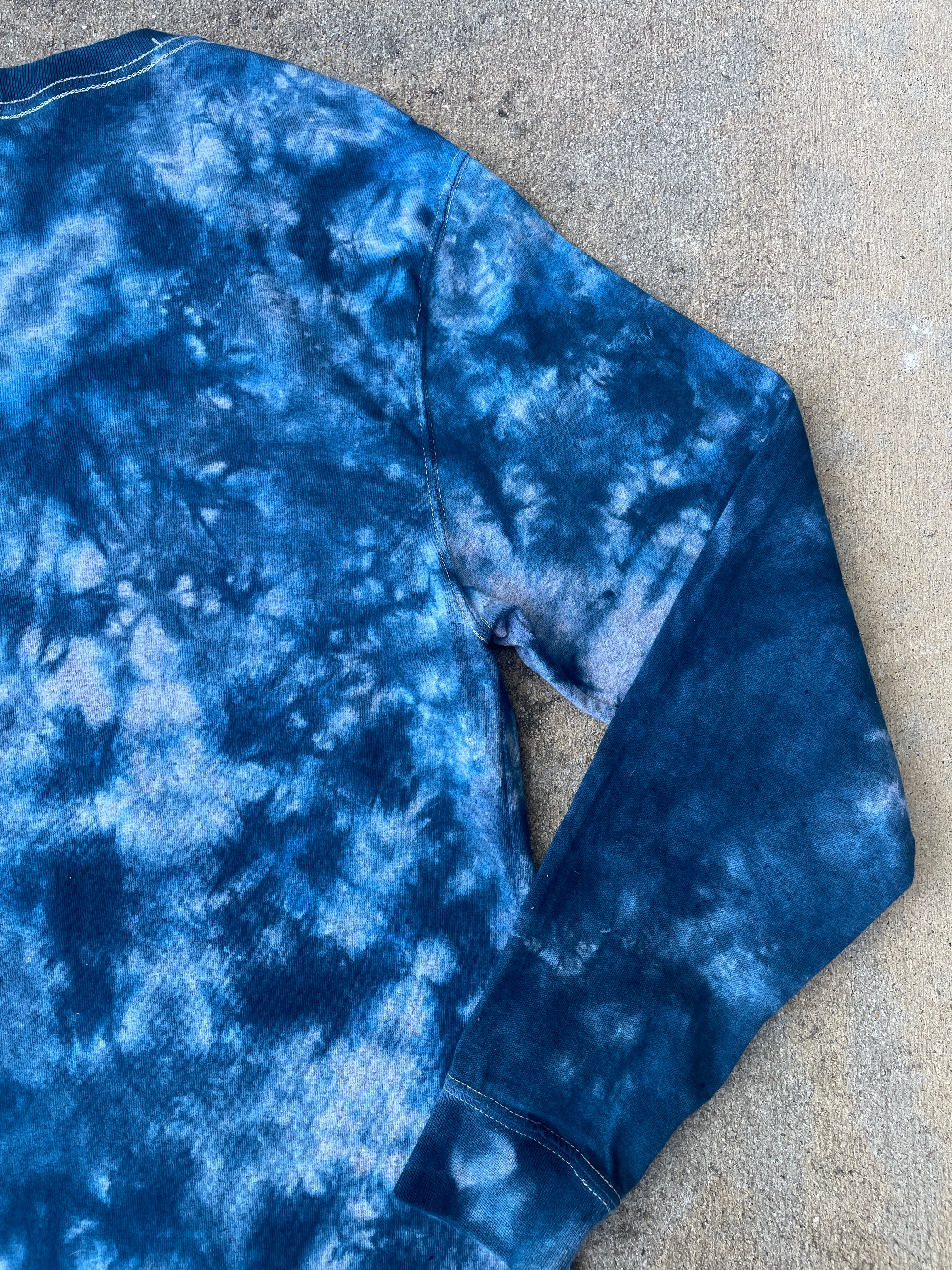 Carhartt Hand-Printed Largemouth Bass Blue and Gray Reverse Tie Dye Long Sleeve T-Shirt | Men's Size Small