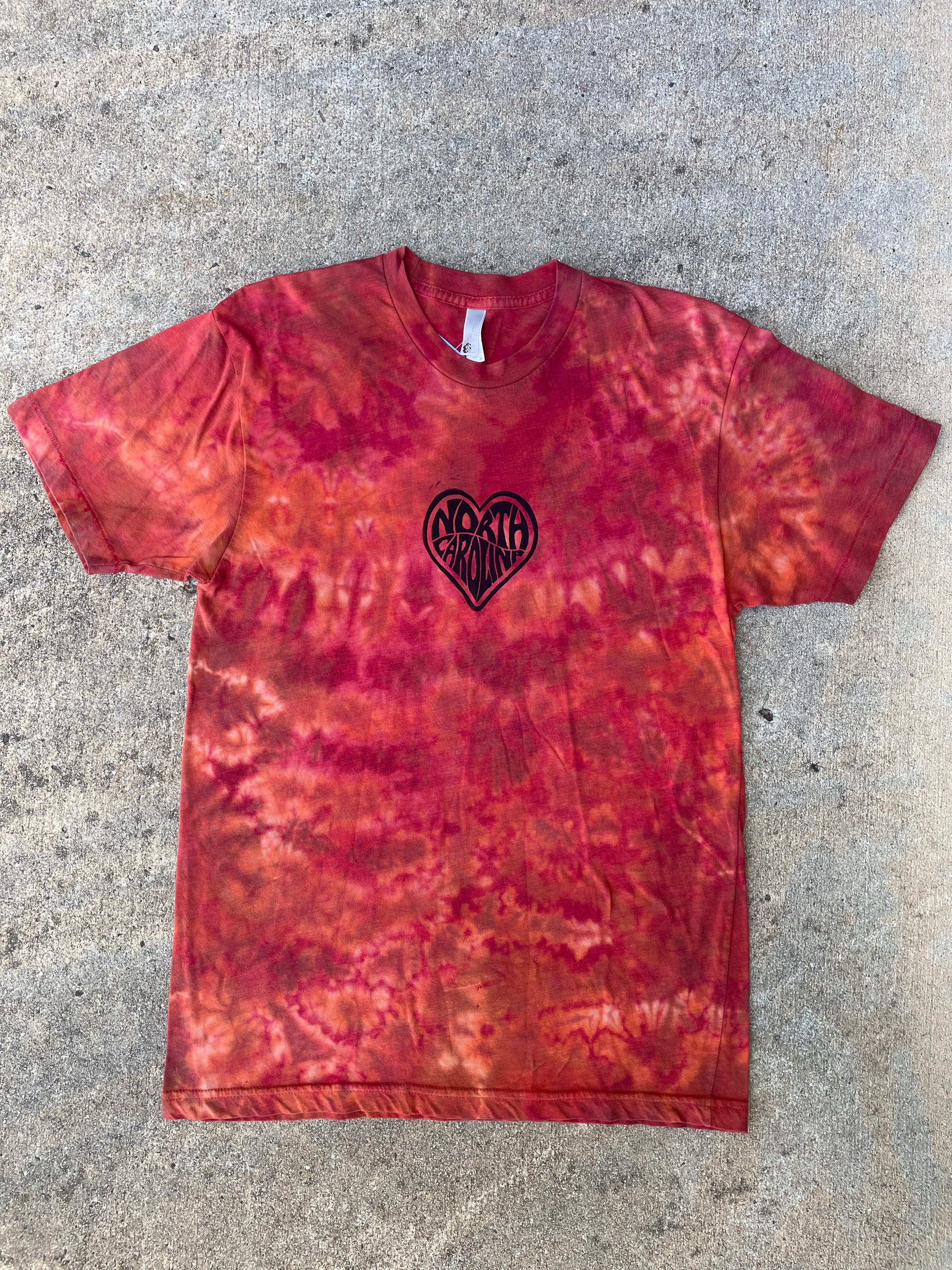 Hand-Printed Skeleton Peace Sign Red and Orange Reverse Tie Dye Short Sleeve T-Shirt | Men's Size Medium