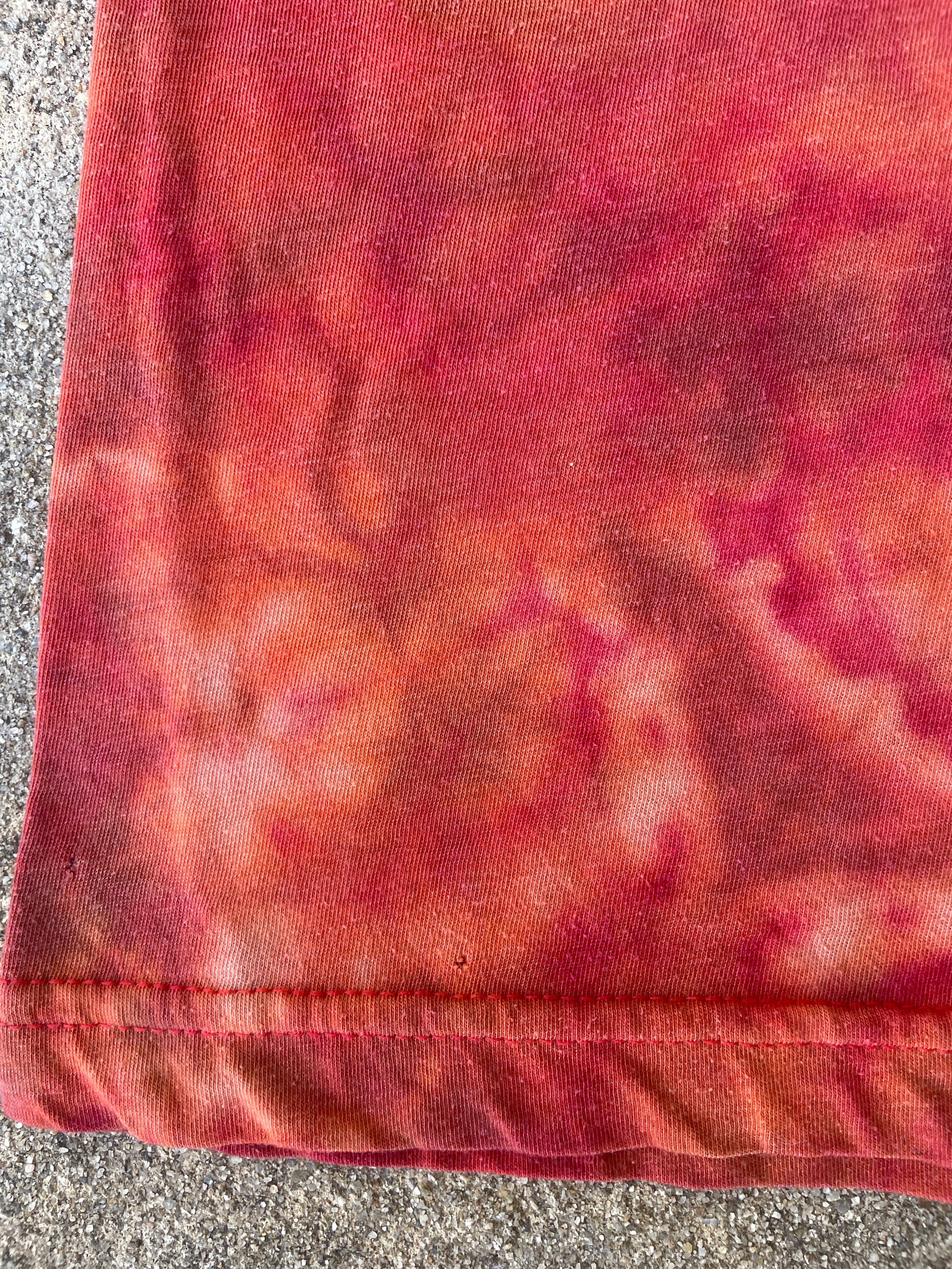 Hand-Printed Skeleton Peace Sign Red and Orange Reverse Tie Dye Short Sleeve T-Shirt | Men's Size Medium