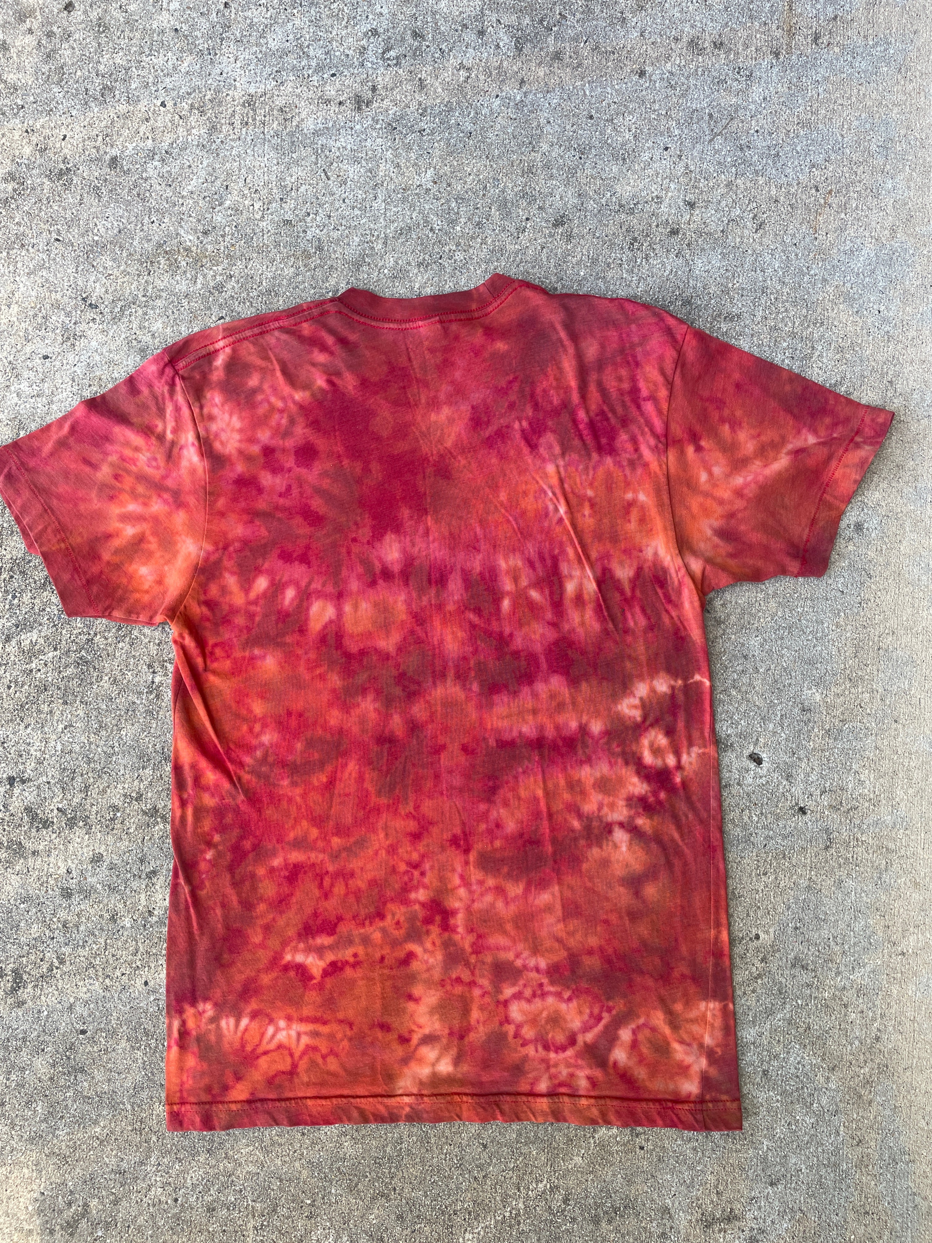 Hand-Printed Skeleton Peace Sign Red and Orange Reverse Tie Dye Short Sleeve T-Shirt | Men's Size Medium