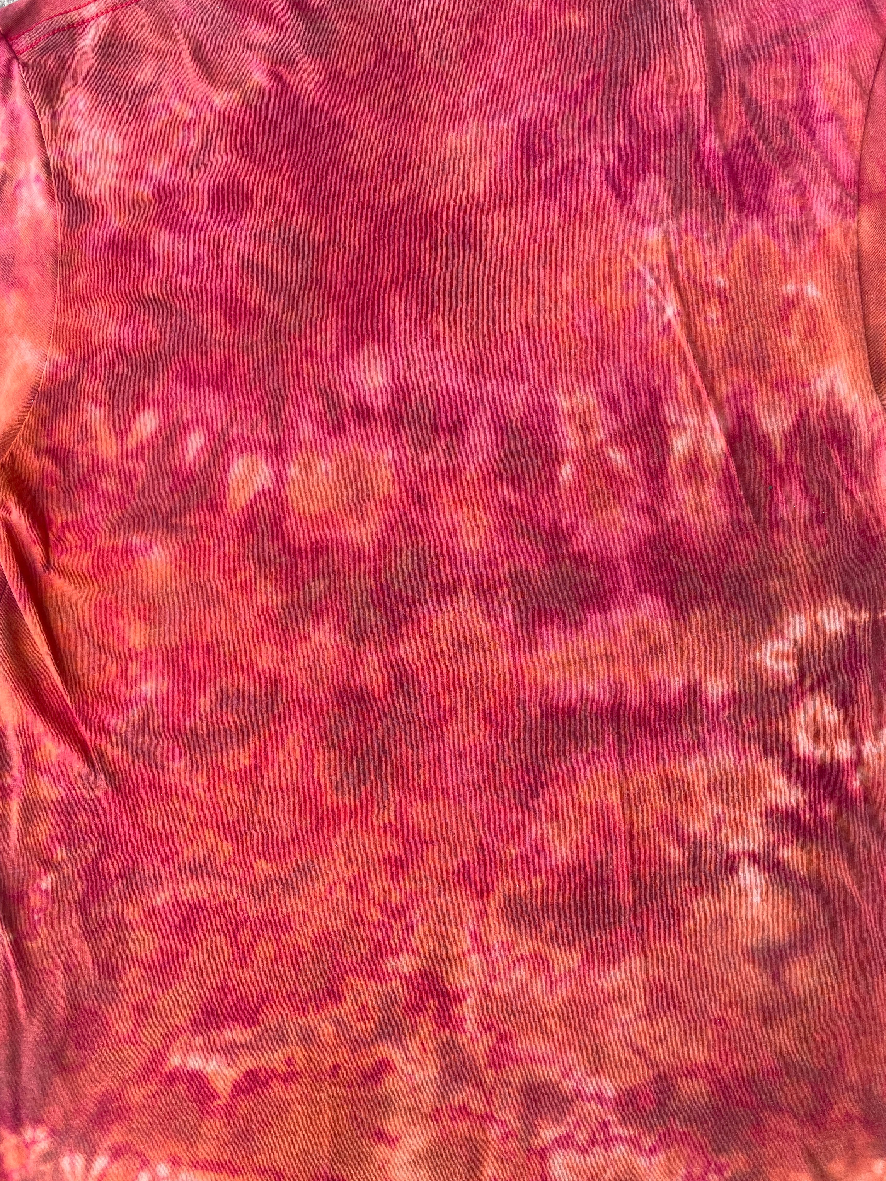 Hand-Printed Skeleton Peace Sign Red and Orange Reverse Tie Dye Short Sleeve T-Shirt | Men's Size Medium