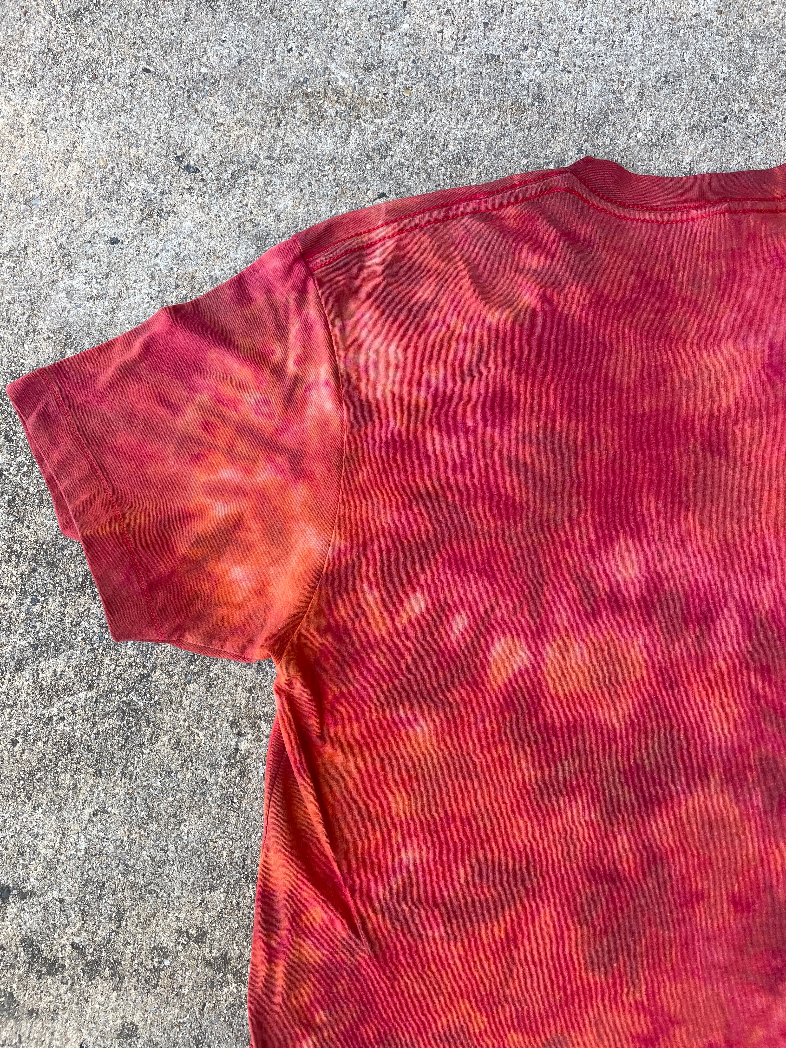 Hand-Printed Skeleton Peace Sign Red and Orange Reverse Tie Dye Short Sleeve T-Shirt | Men's Size Medium
