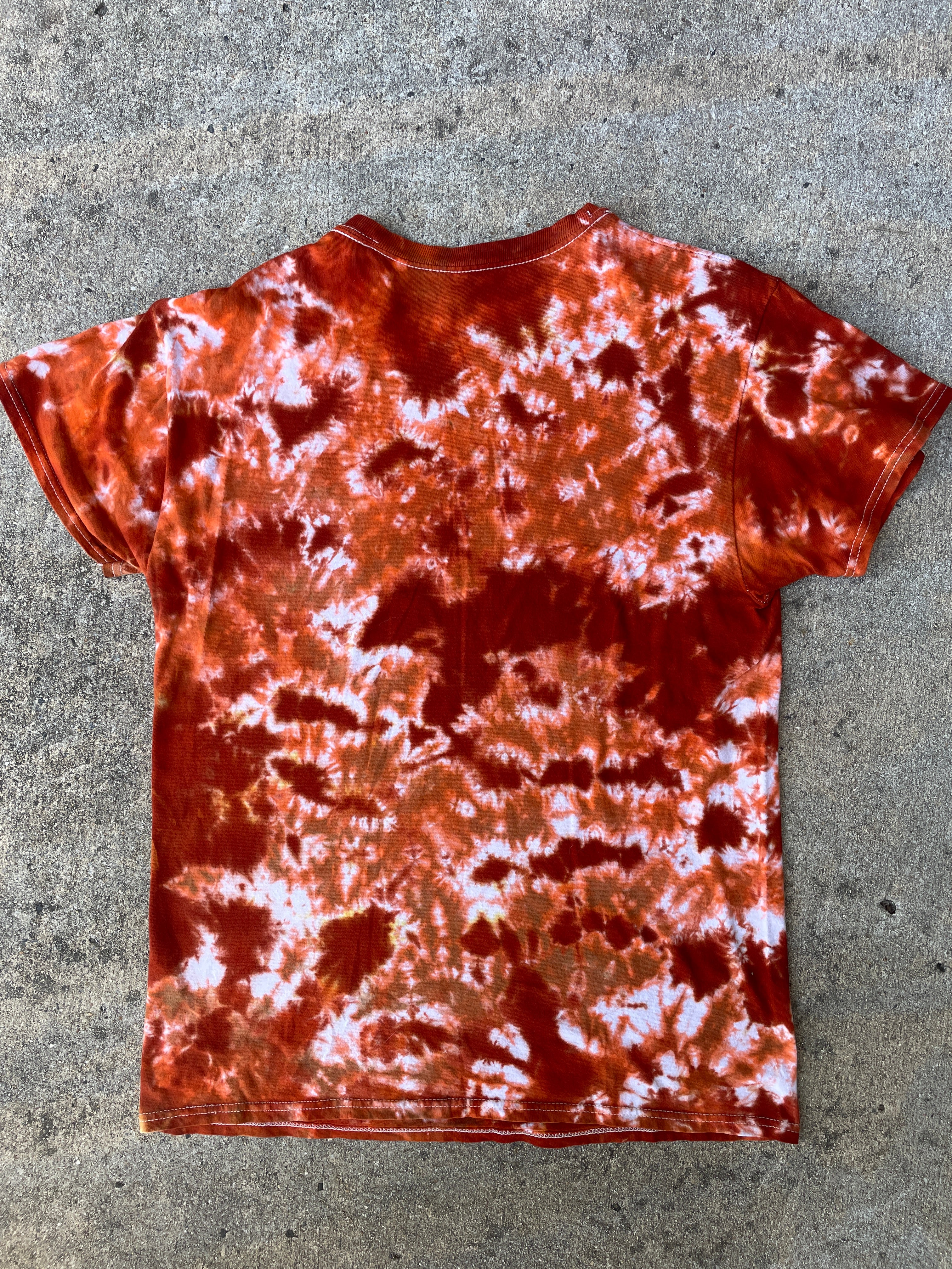 Hand-Printed Skeleton Peace Sign Orange and White Tie Dye Short Sleeve T-Shirt | Men's Size Medium