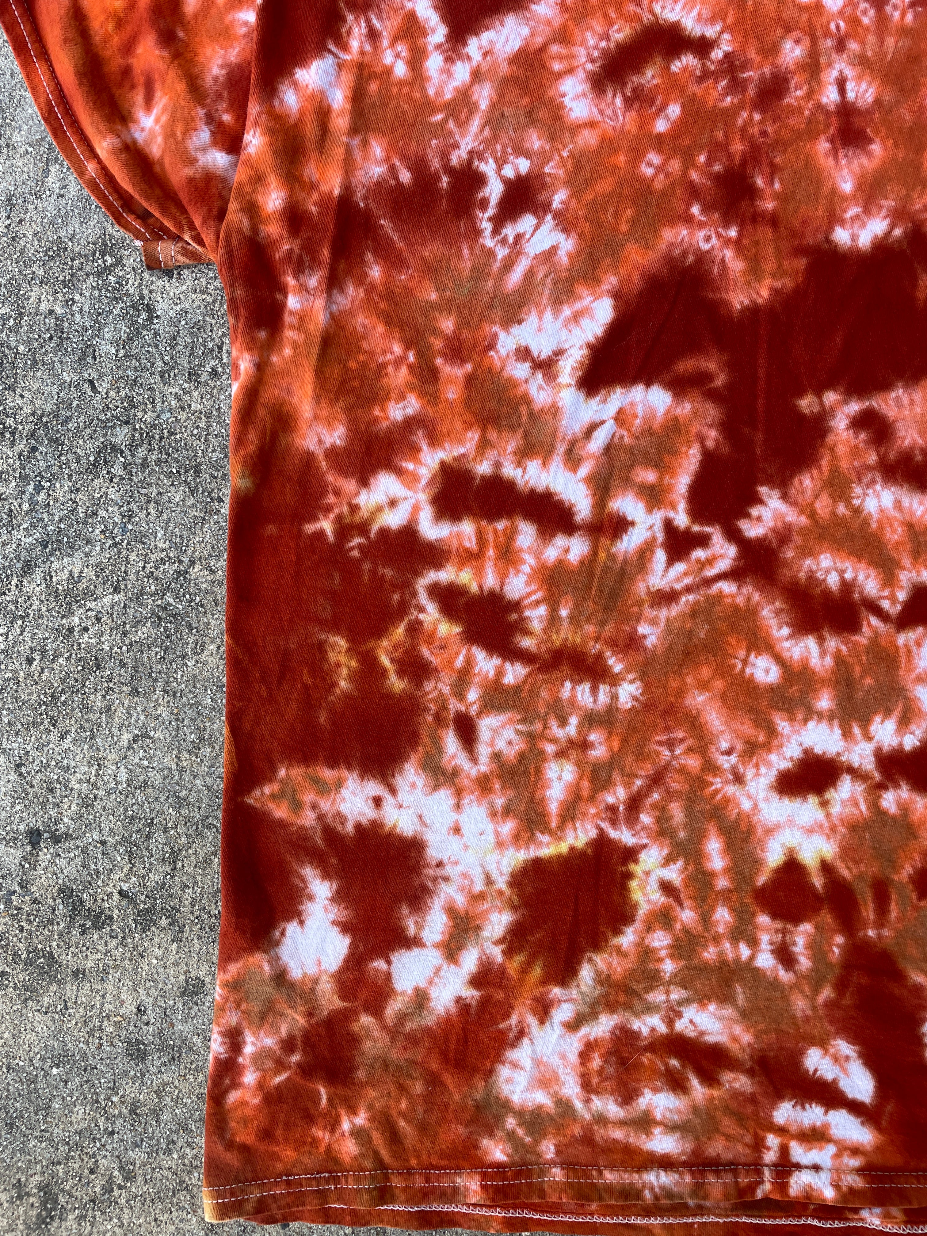 Hand-Printed Skeleton Peace Sign Orange and White Tie Dye Short Sleeve T-Shirt | Men's Size Medium