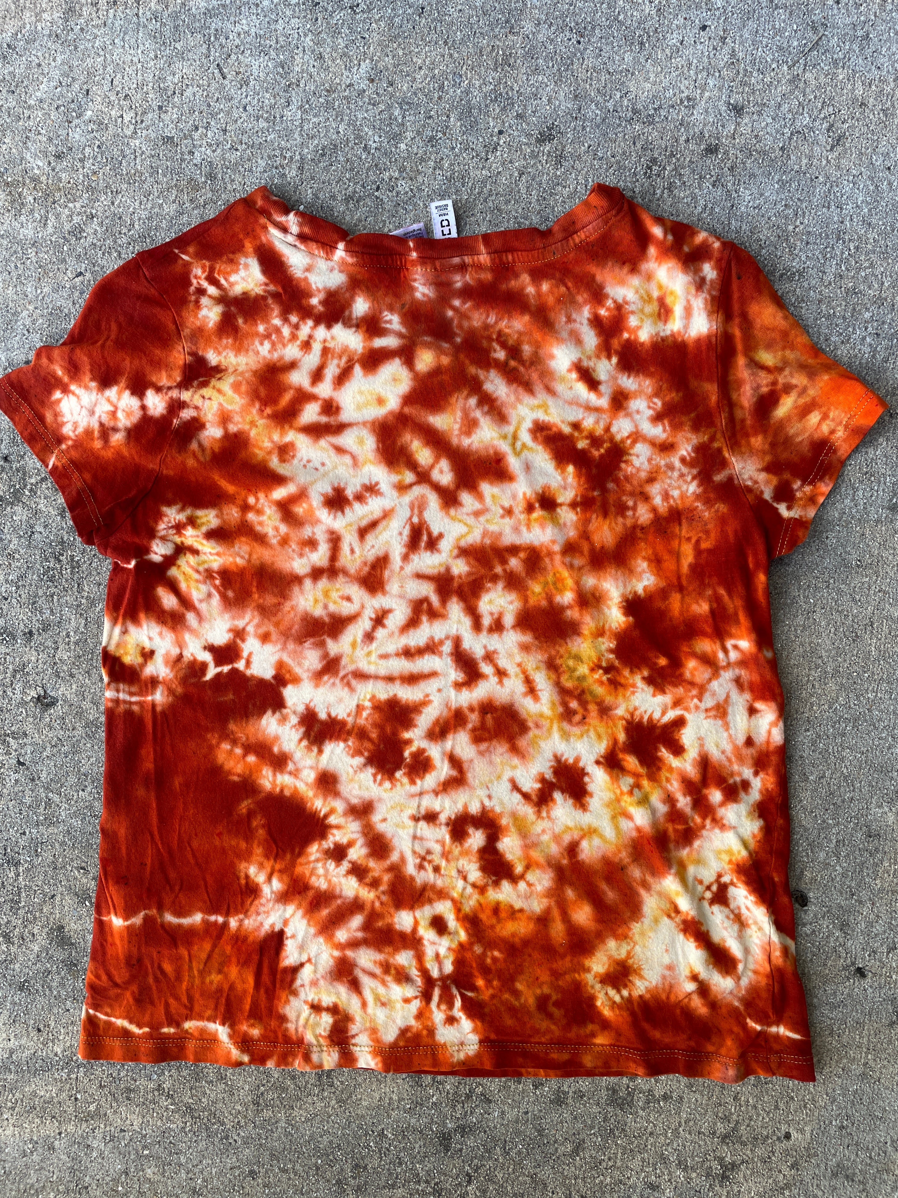 Hand-Printed Skeleton Rock On Orange and Yellow Reverse Tie Dye Short Sleeve T-Shirt | Junior's Size Medium