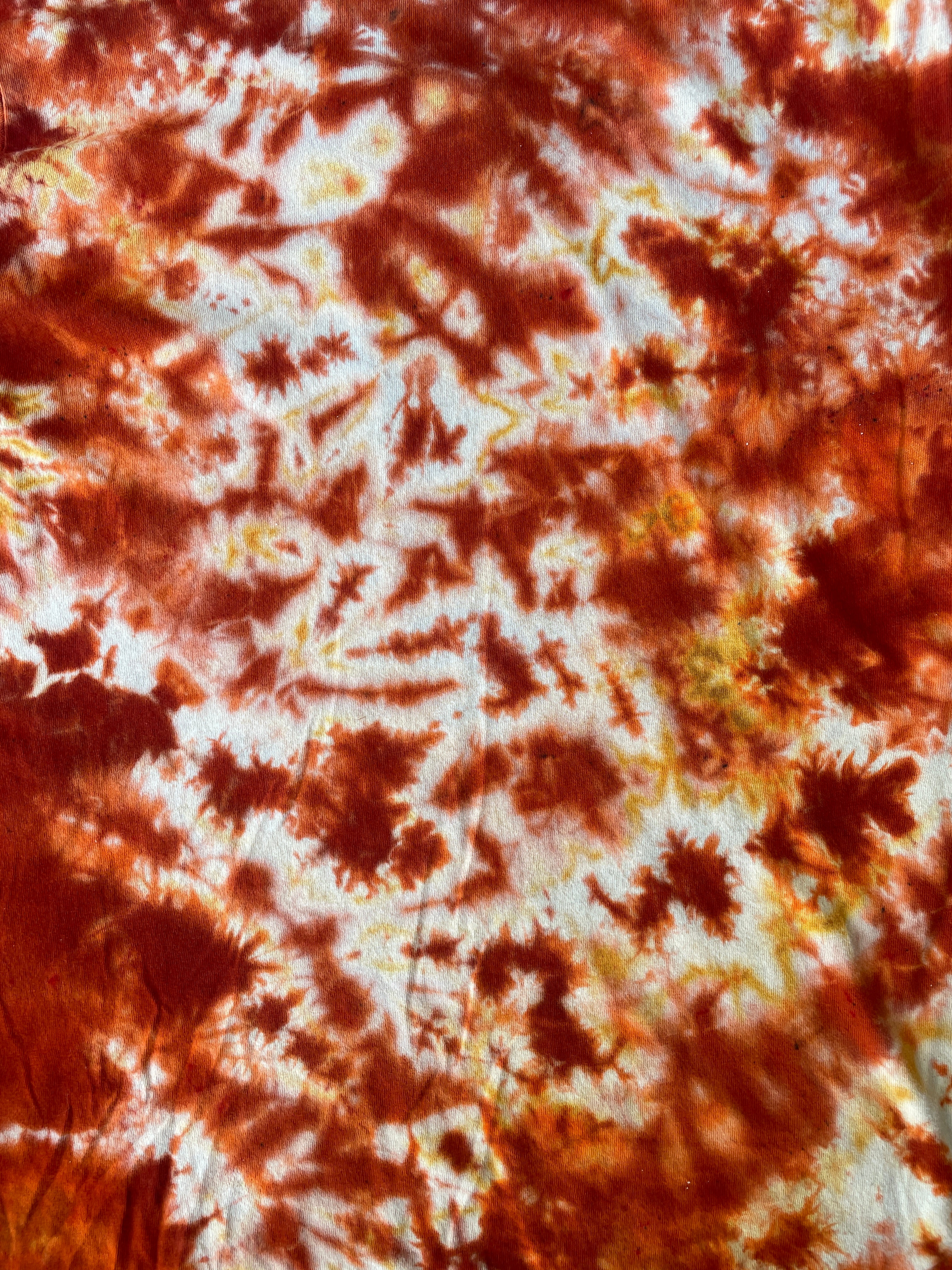 Hand-Printed Skeleton Rock On Orange and Yellow Reverse Tie Dye Short Sleeve T-Shirt | Junior's Size Medium