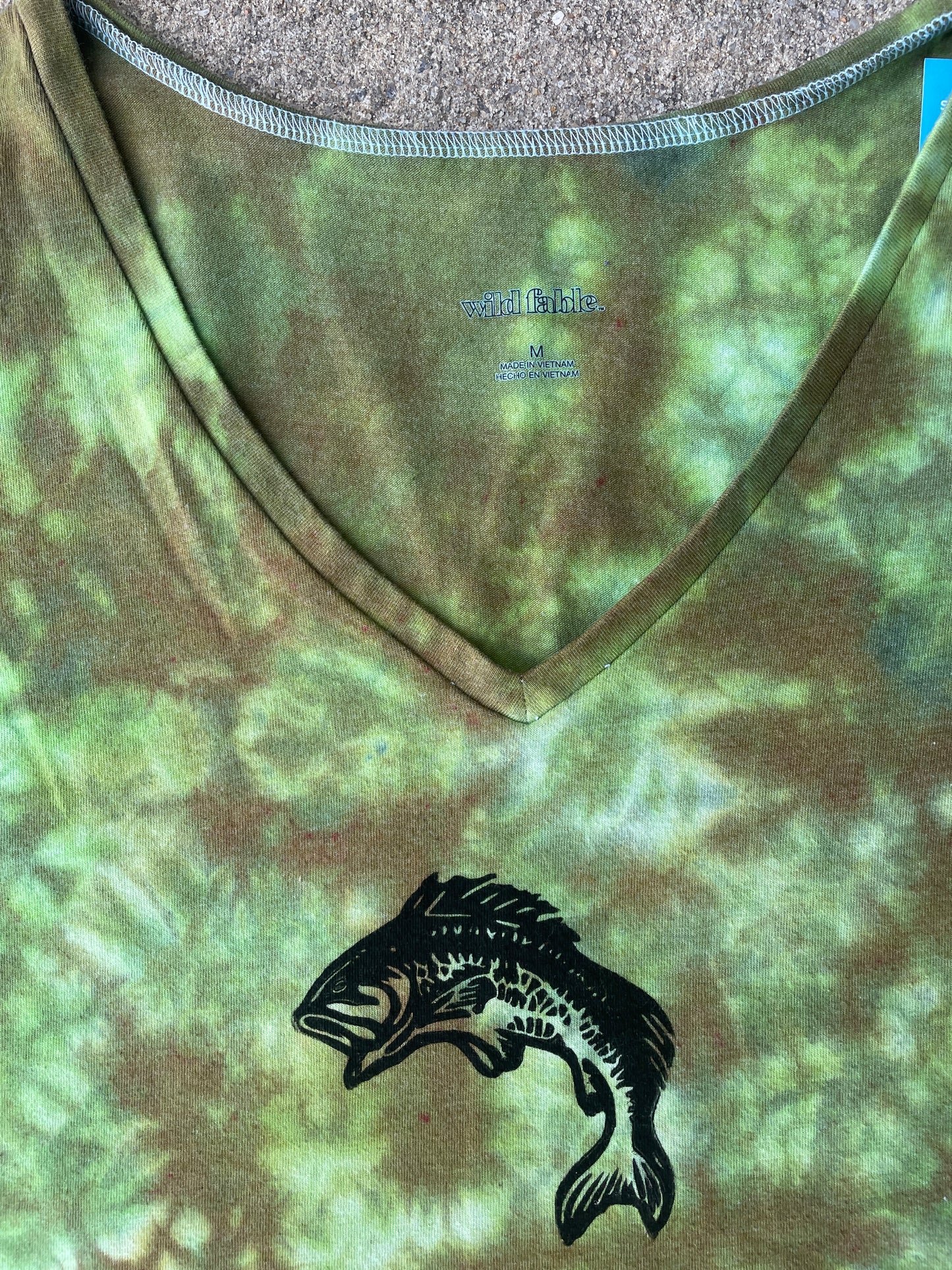 Hand-Printed Largemouth Bass Green and Brown Reverse Tie Dye Crop Top | Women's Size Medium