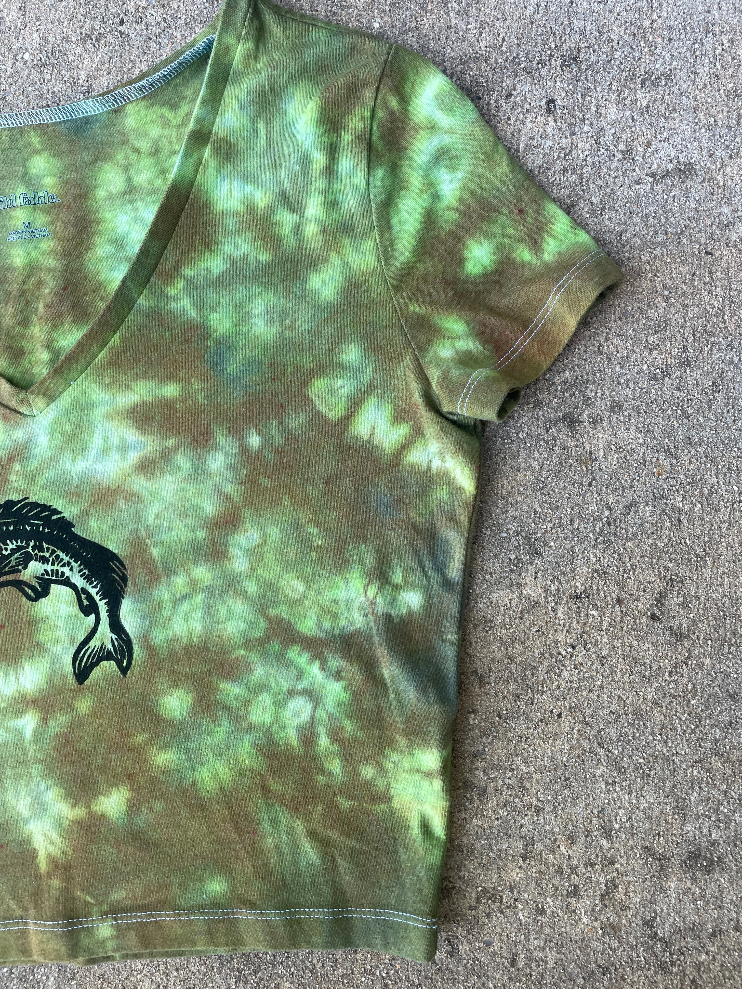 Hand-Printed Largemouth Bass Green and Brown Reverse Tie Dye Crop Top | Women's Size Medium