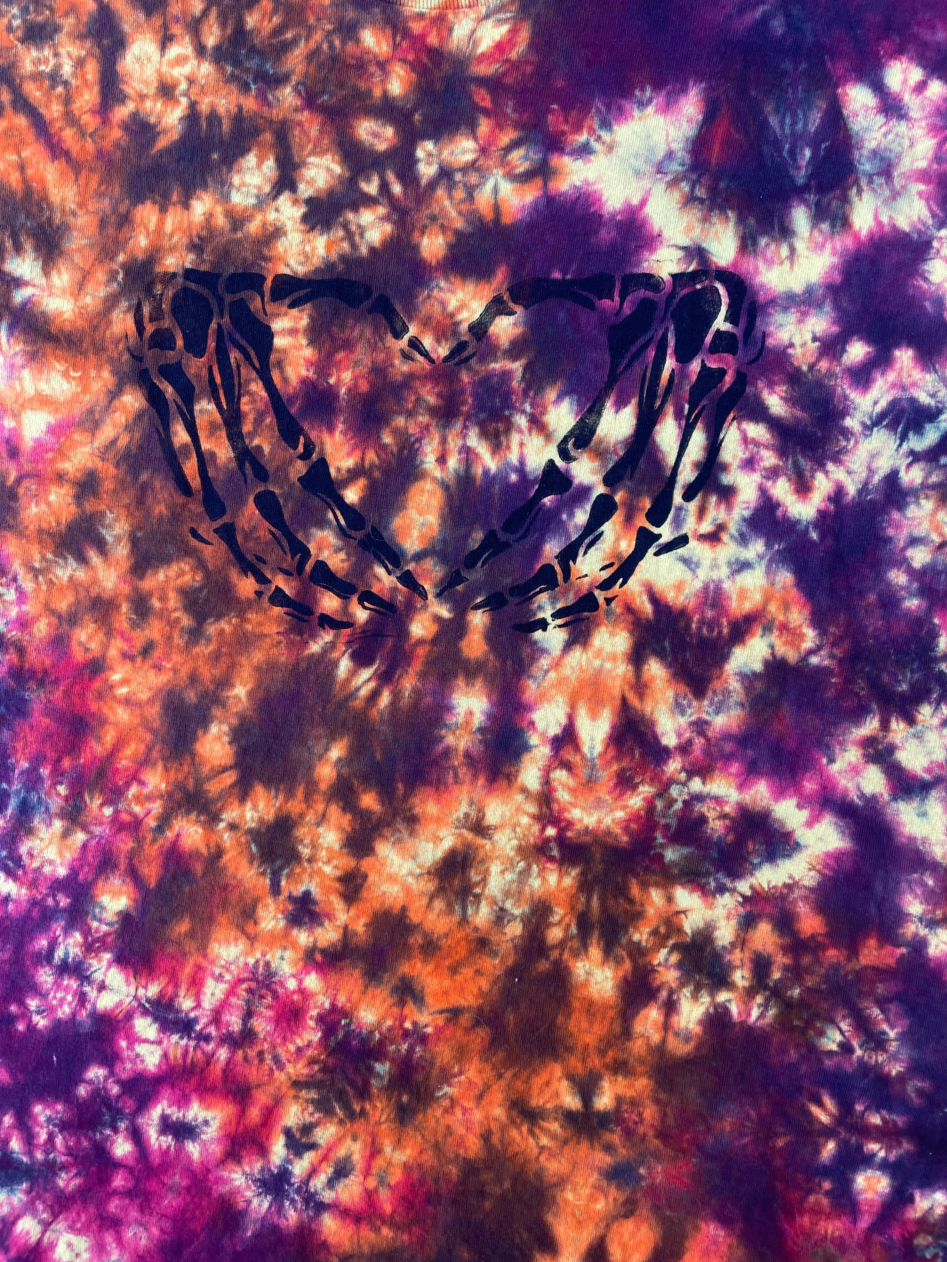 Hand-Printed Skeleton Heart Hands Orange, Yellow, and Black Tie Dye Short Sleeve T-Shirt | Men's Size Large