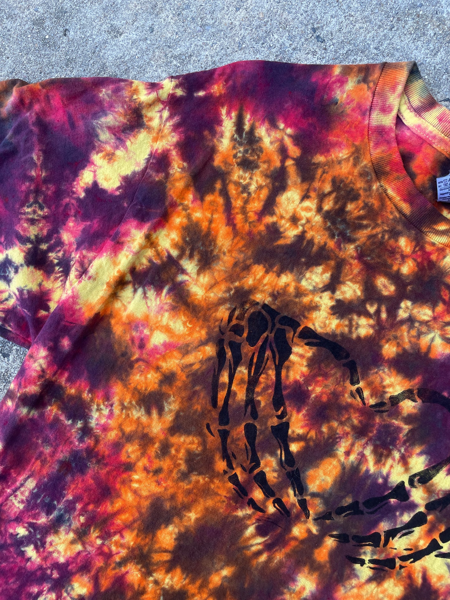 Hand-Printed Skeleton Heart Hands Orange, Yellow, and Black Tie Dye Short Sleeve T-Shirt | Men's Size Large