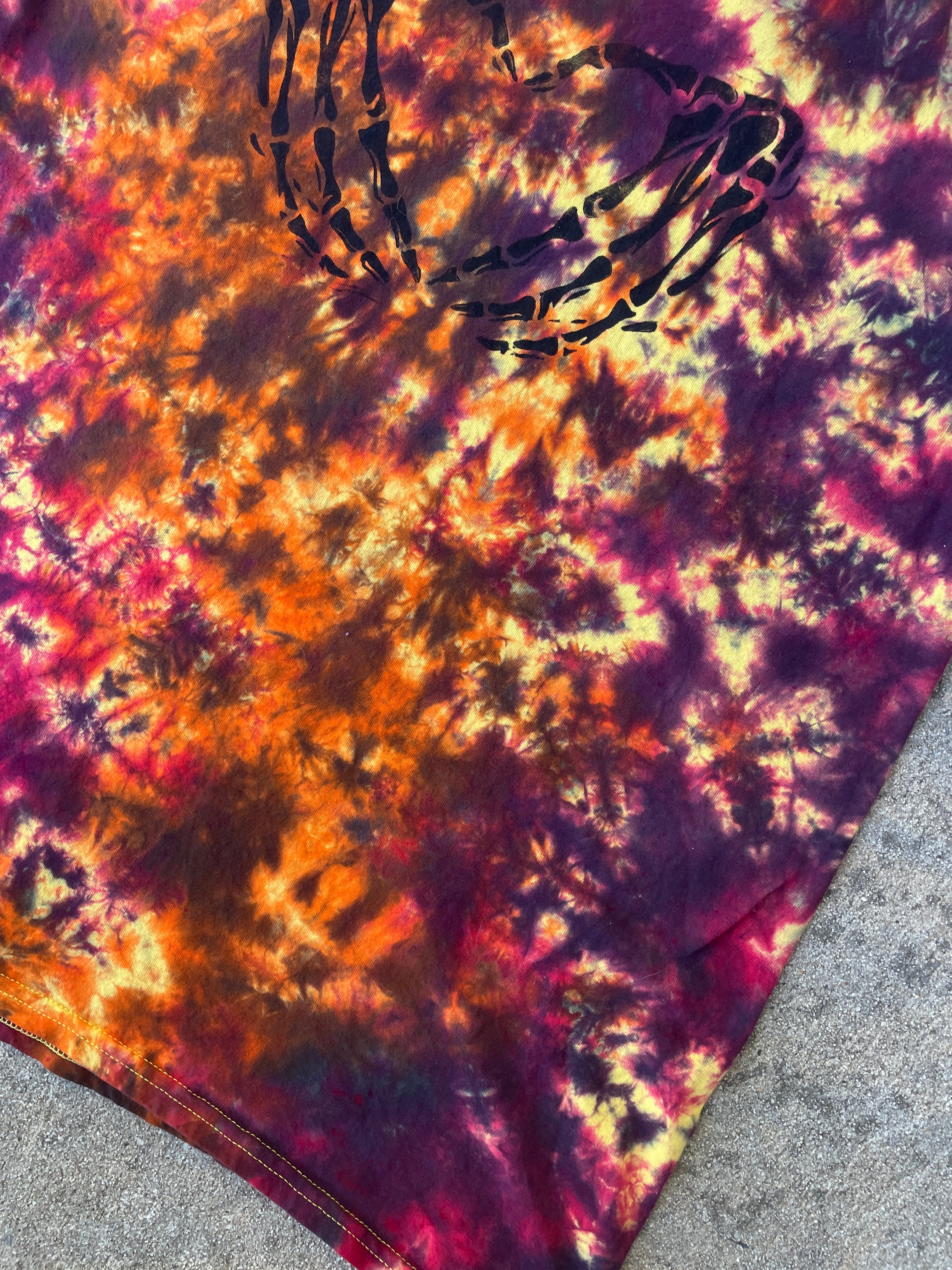 Hand-Printed Skeleton Heart Hands Orange, Yellow, and Black Tie Dye Short Sleeve T-Shirt | Men's Size Large