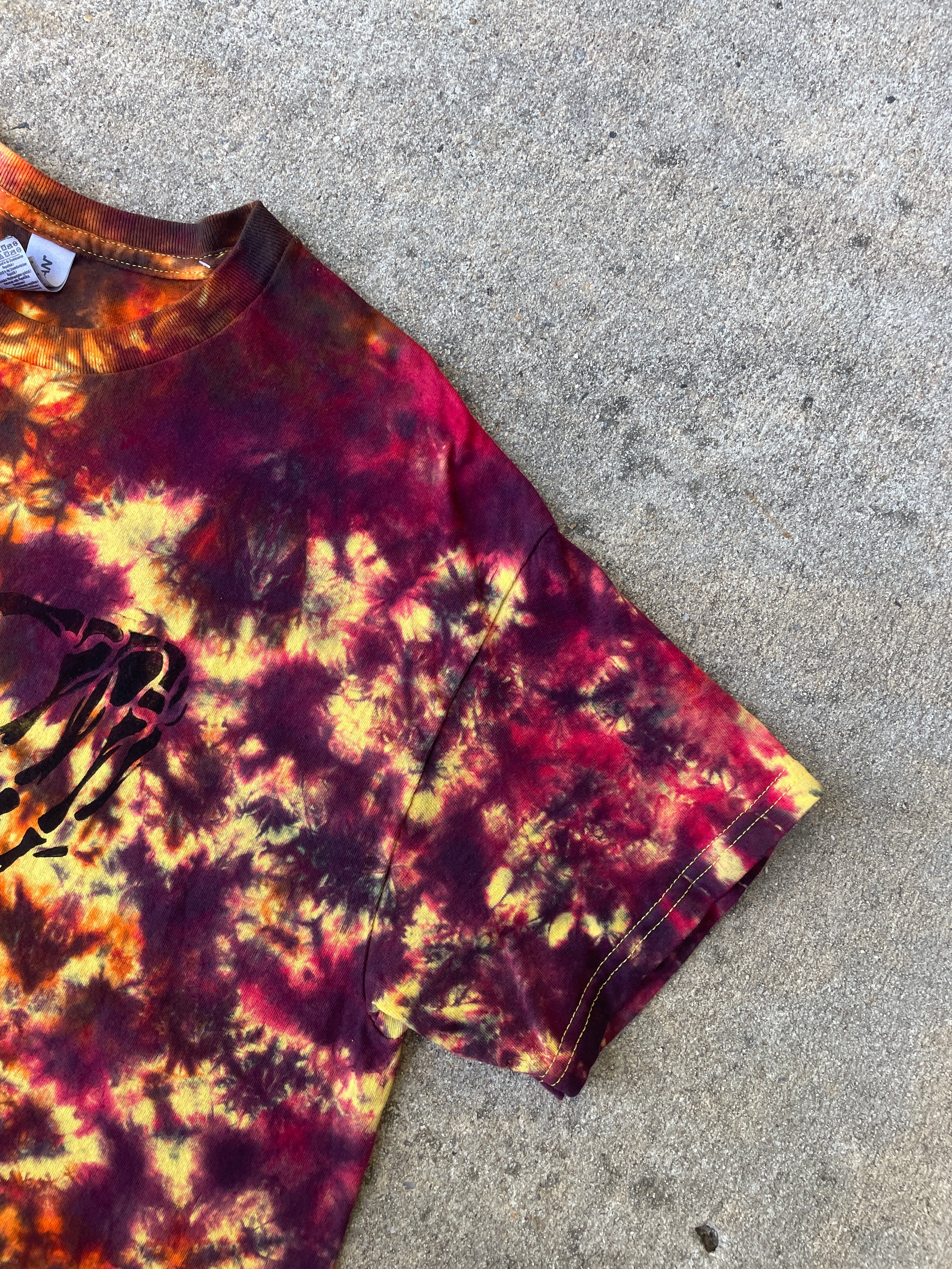 Hand-Printed Skeleton Heart Hands Orange, Yellow, and Black Tie Dye Short Sleeve T-Shirt | Men's Size Large