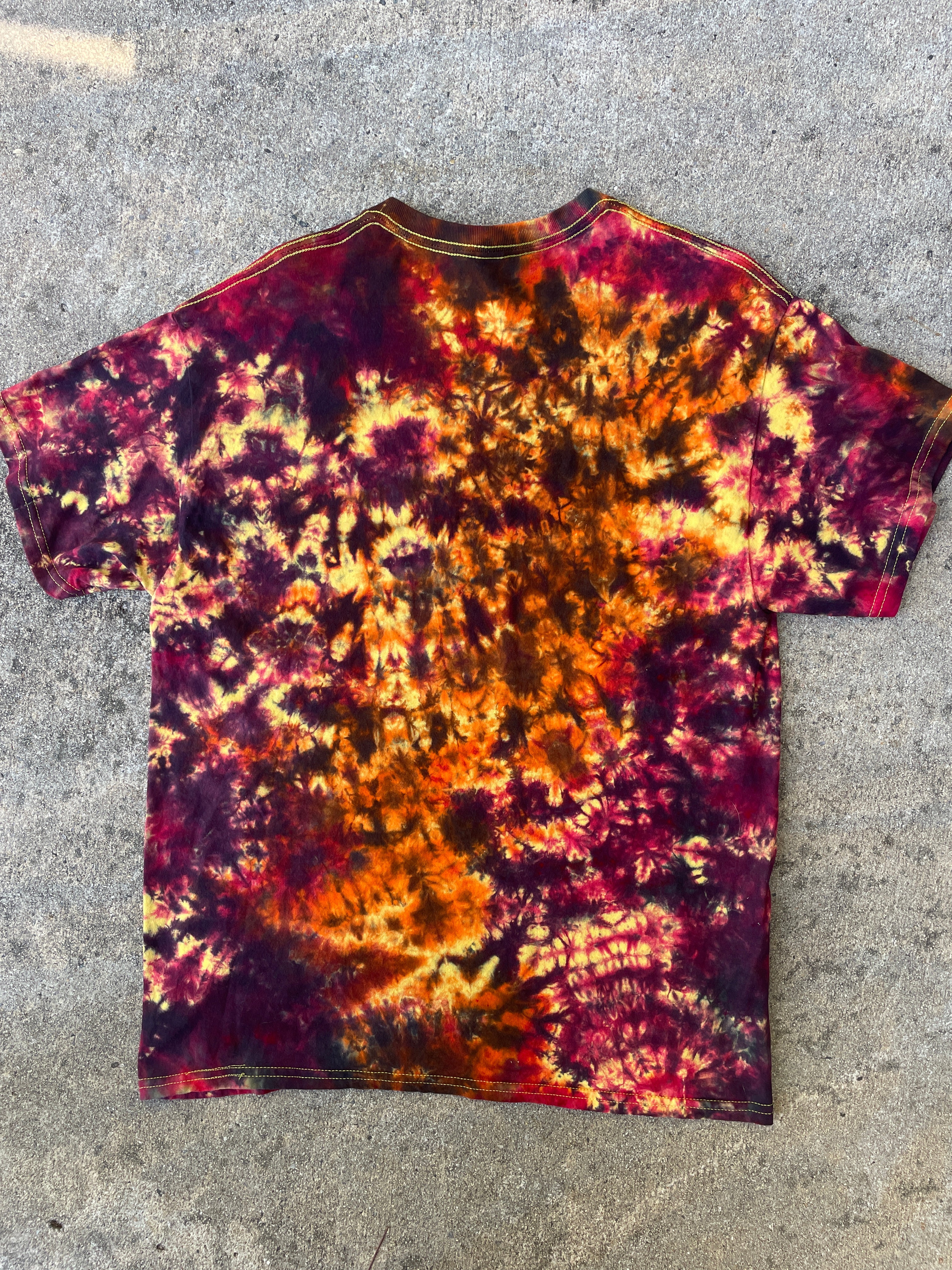 Hand-Printed Skeleton Heart Hands Orange, Yellow, and Black Tie Dye Short Sleeve T-Shirt | Men's Size Large